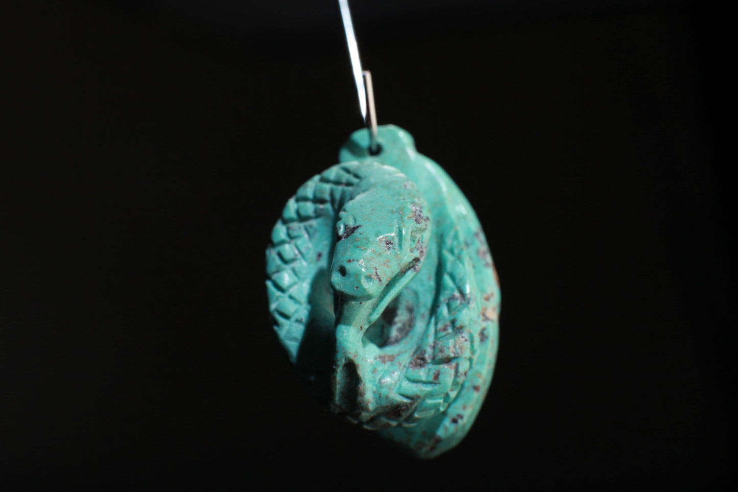 Natural Turquoise Hand Crafted Snake Pendant, Top Drilled, Miniature Animals Collectible Figurines Vintage Sculpture, Old Stock