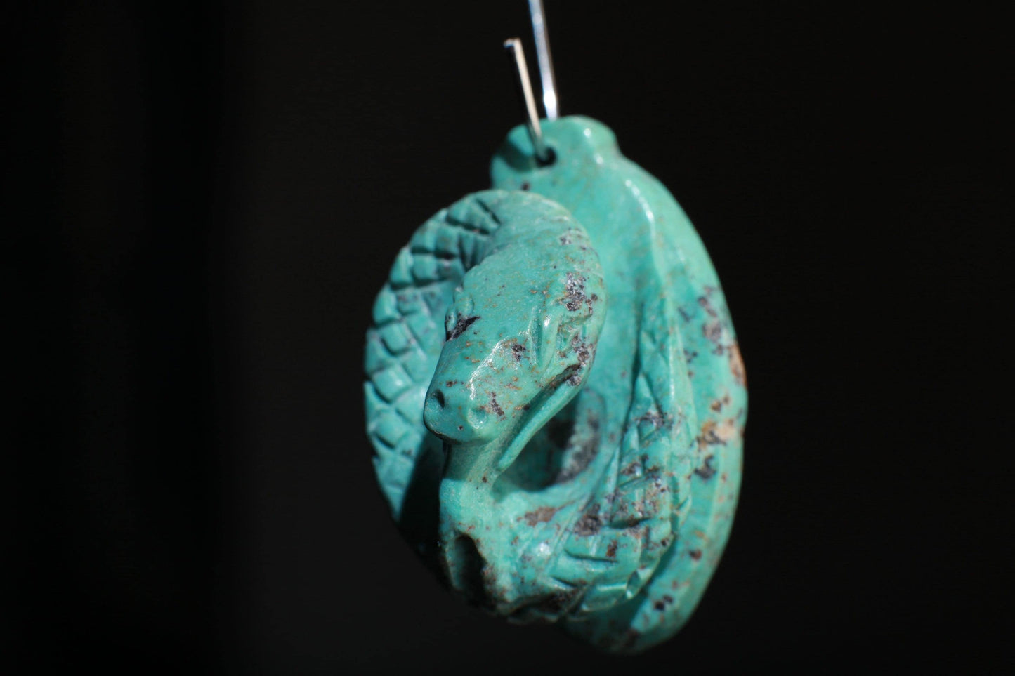 Natural Turquoise Hand Crafted Snake Pendant, Top Drilled, Miniature Animals Collectible Figurines Vintage Sculpture, Old Stock