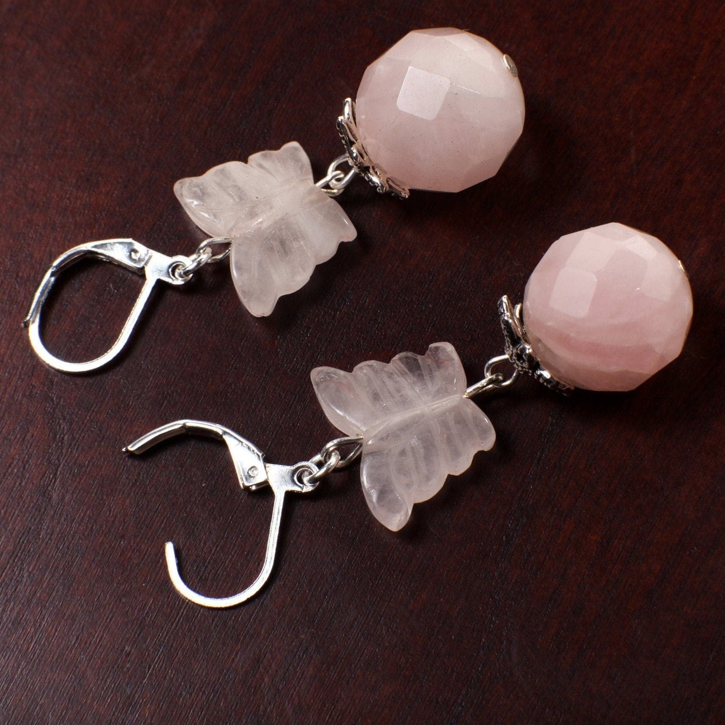 Natural Madagascar Rose Quartz handcraft Butterfly Dangle with faceted 14mm round bead Leverback earrings, valentine love gift