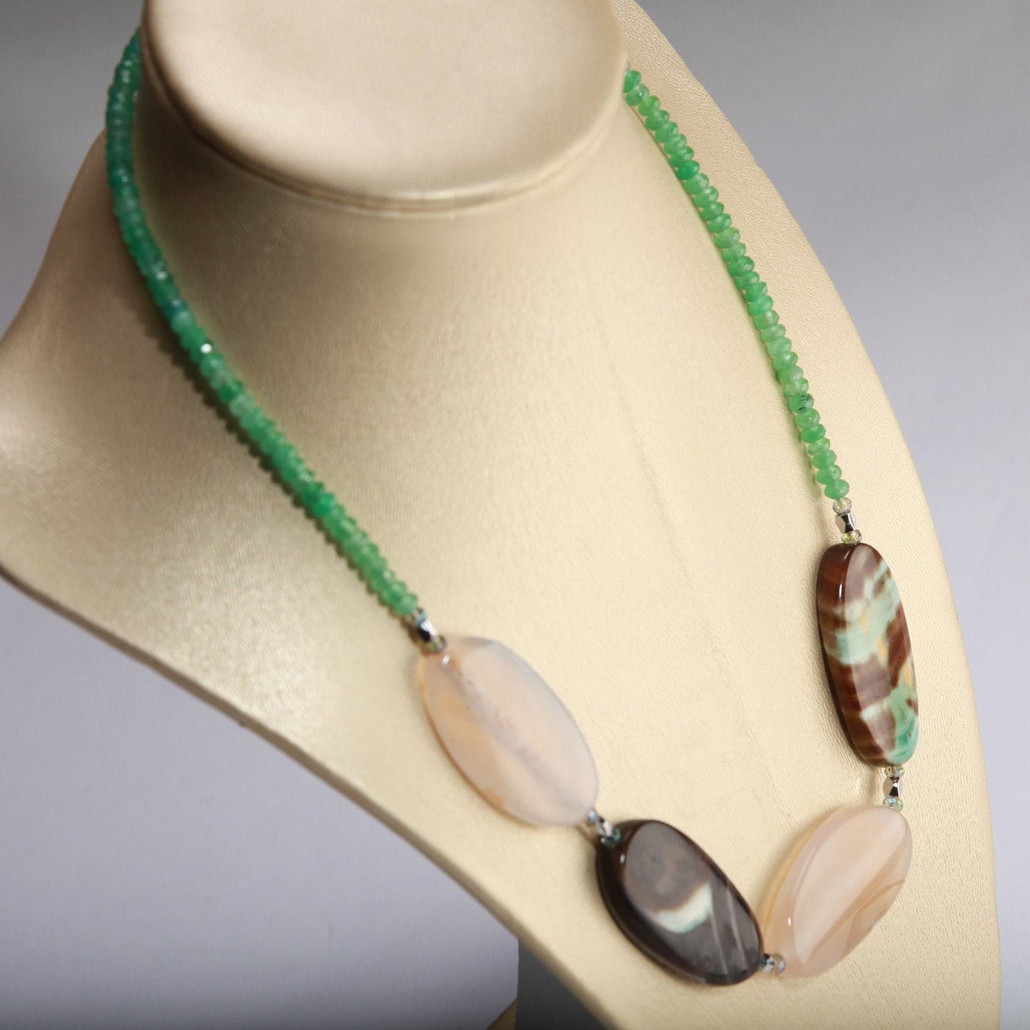 Chrysoprase 4mm faceted roundel with 22x38large natural green banded Agate silver necklace, 18” plus 2” extension