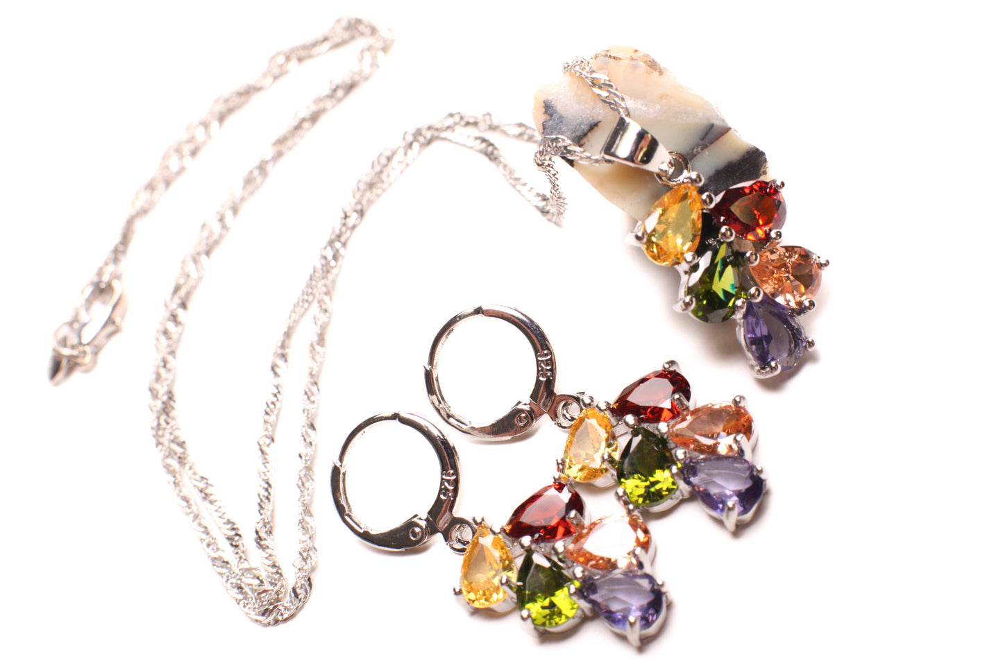 Genuine Citrine, Peridot, Garnet, Pink Topaz, Amethyst Gemstone Teardrop 925 Sterling Silver Earrings, Pendant Necklace set, 925 Stamped