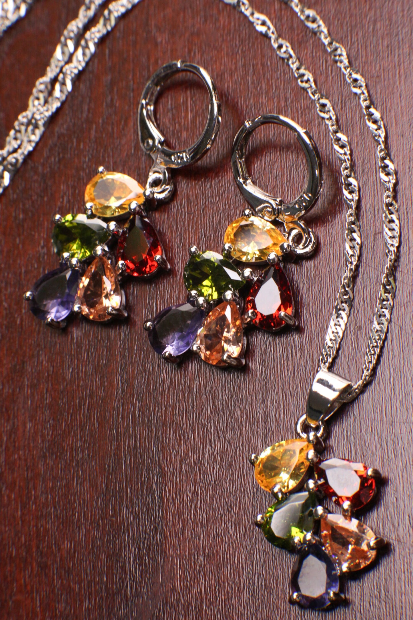 Genuine Citrine, Peridot, Garnet, Pink Topaz, Amethyst Gemstone Teardrop 925 Sterling Silver Earrings, Pendant Necklace set, 925 Stamped
