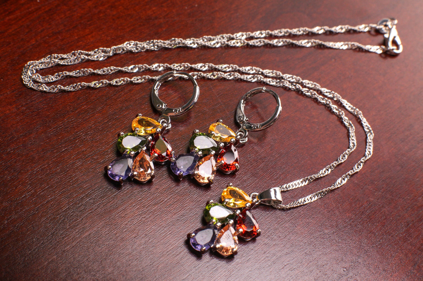 Genuine Citrine, Peridot, Garnet, Pink Topaz, Amethyst Gemstone Teardrop 925 Sterling Silver Earrings, Pendant Necklace set, 925 Stamped