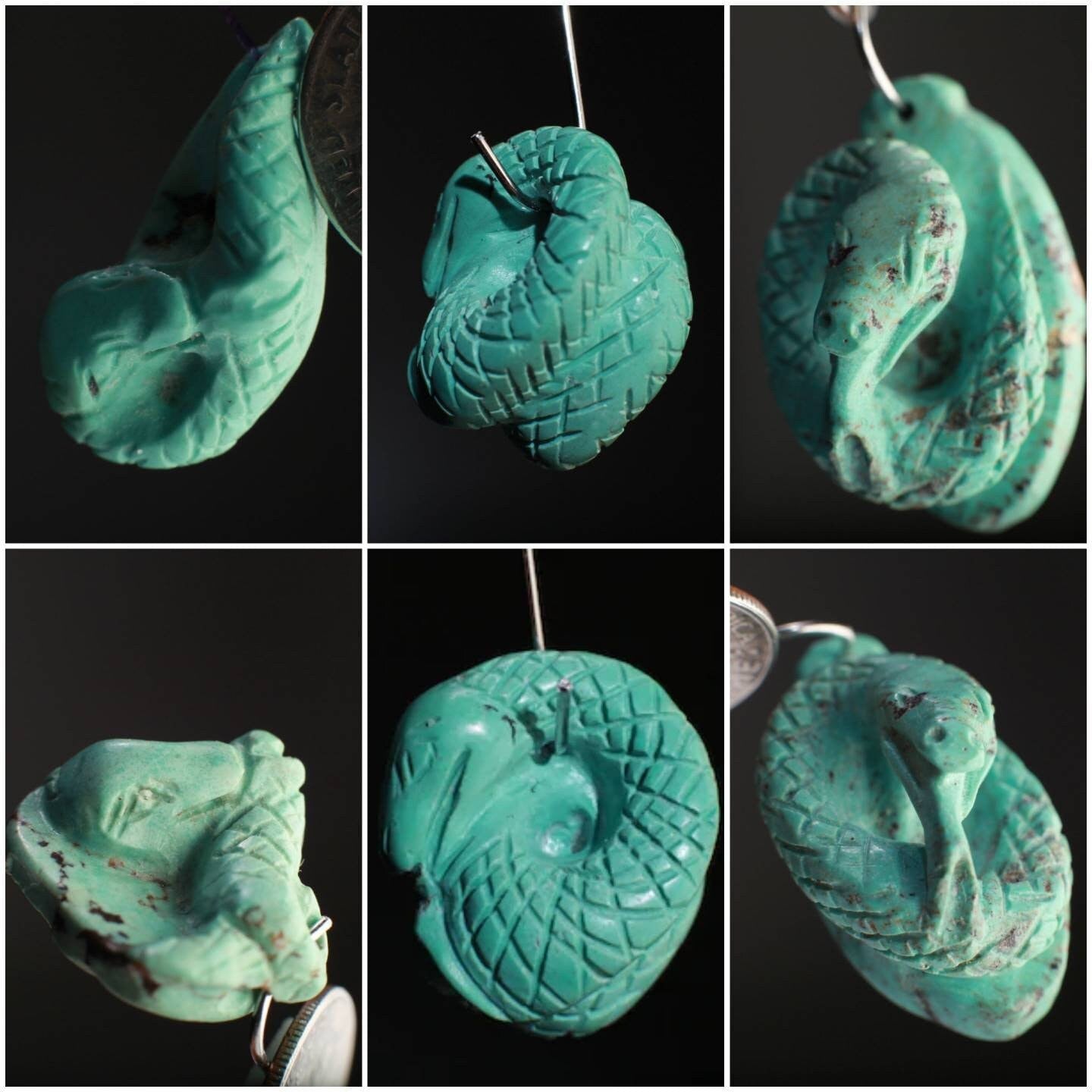 Natural Turquoise Hand Crafted Snake Pendant, Top Drilled, Miniature Animals Collectible Figurines Vintage Sculpture, Old Stock