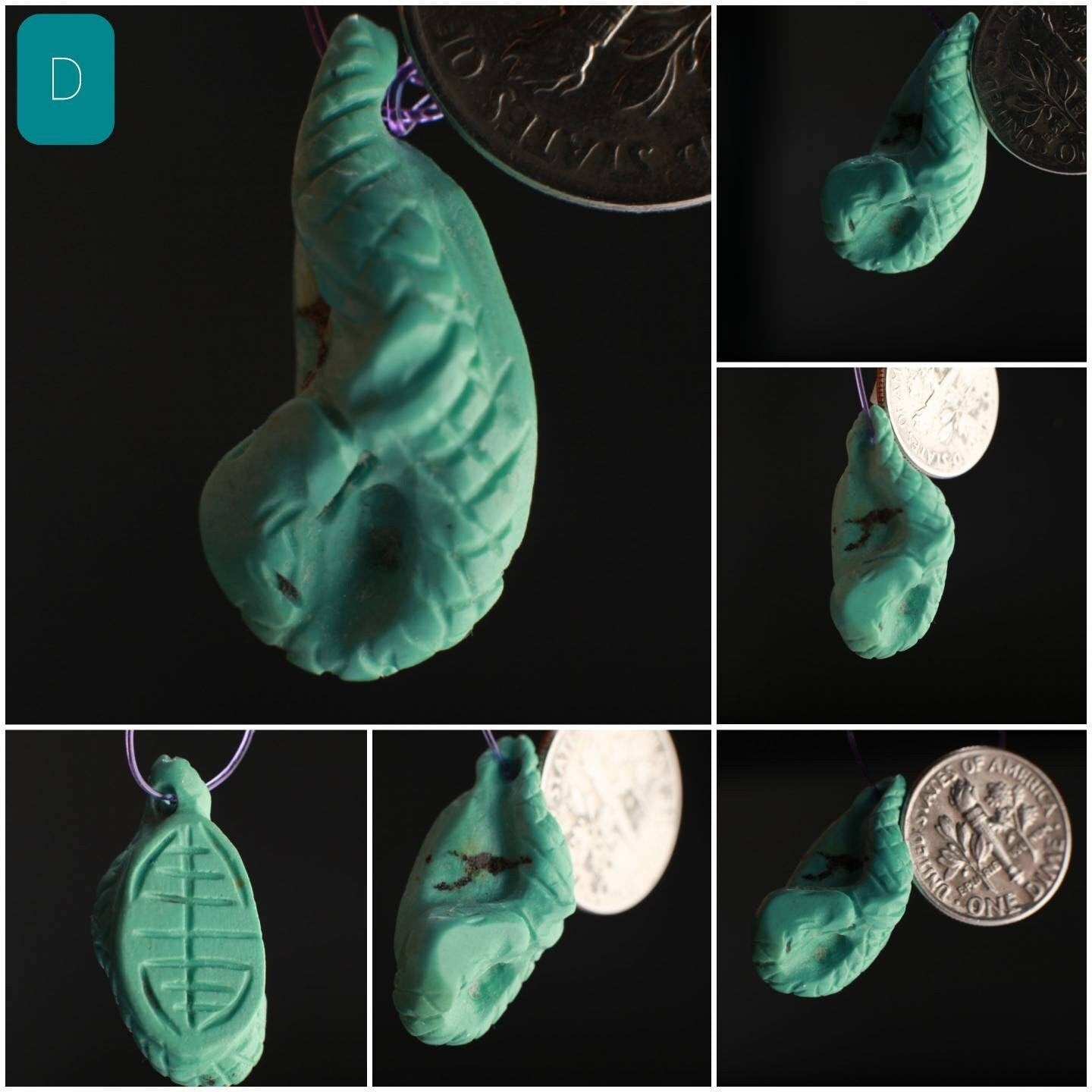 Natural Turquoise Hand Crafted Snake Pendant, Top Drilled, Miniature Animals Collectible Figurines Vintage Sculpture, Old Stock