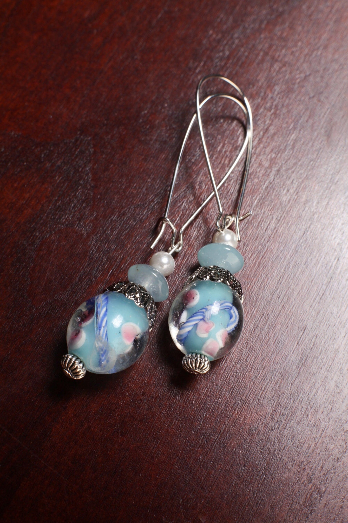 Blue Pink Flower Oval Czech Glass Lamp work Glass Bead, Aquamarine Rondelle, Pearl Rhodium Cap Earrings in Leverback or Long Kidney Earwire