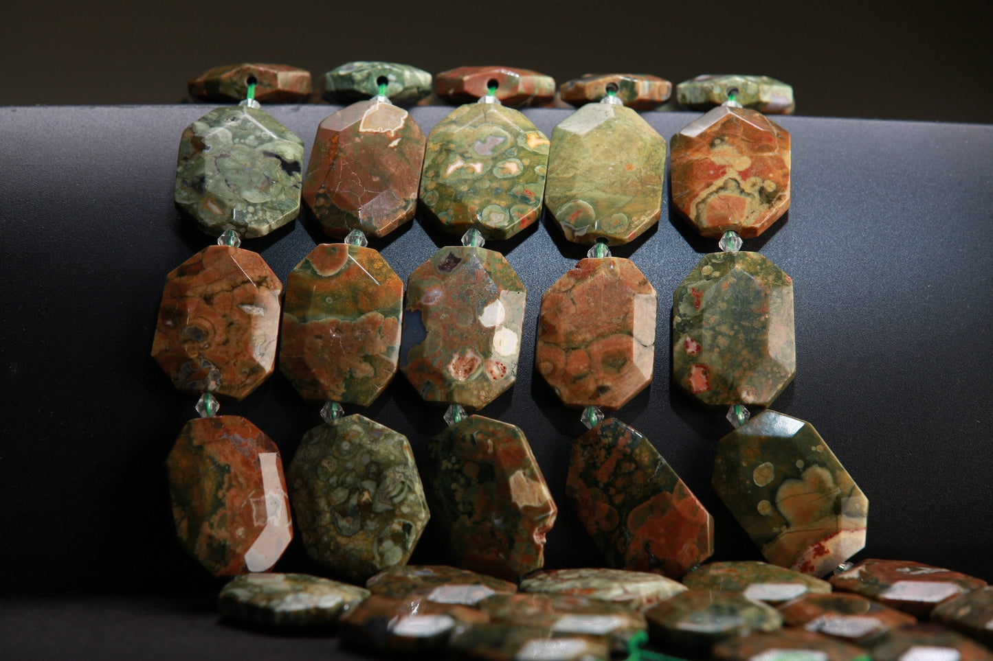 Natural Rain-forest Rhyolite Faceted Pillow Slab 16" Strand, 2mm Large Hole