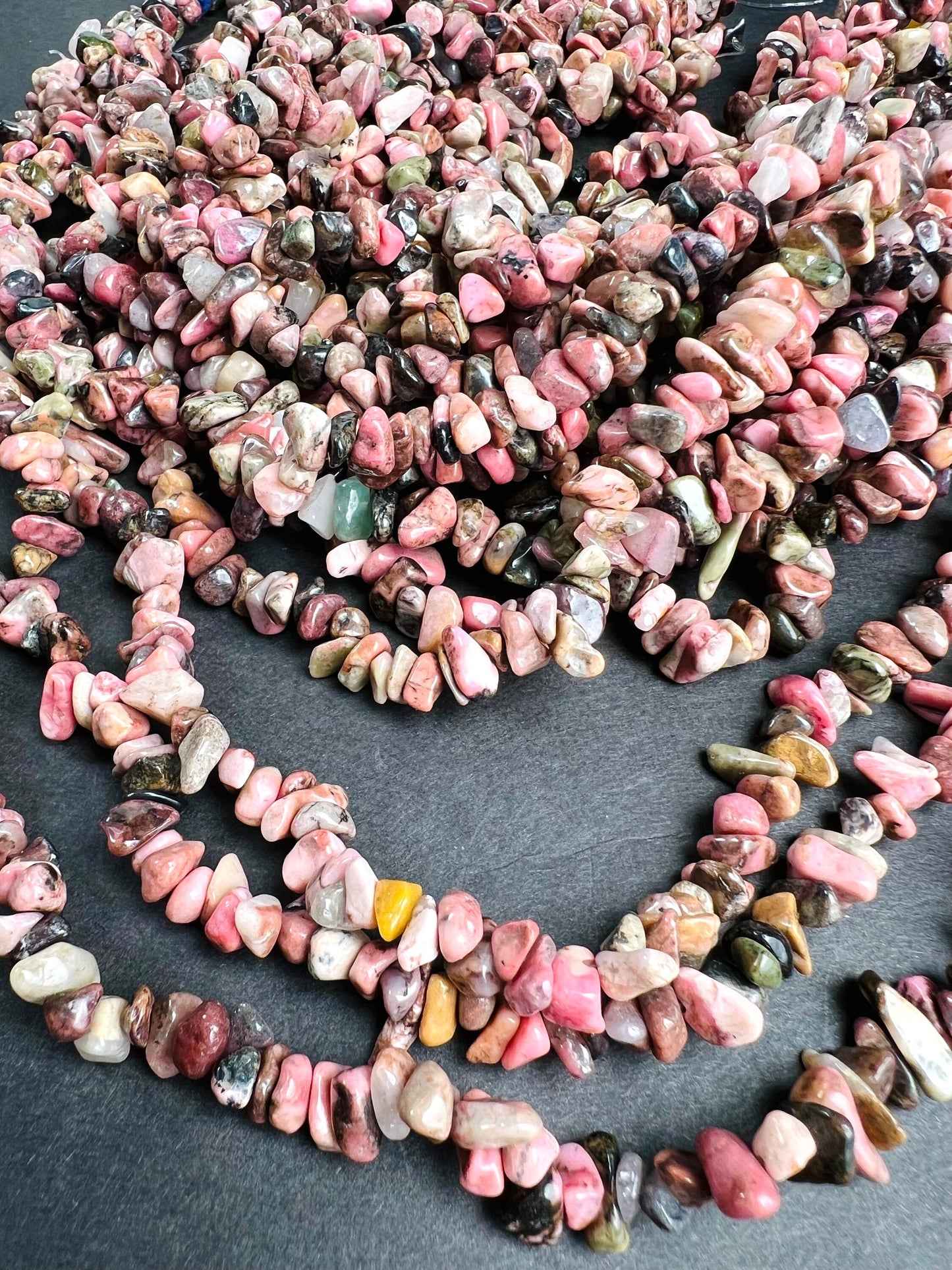 Rhodonite raw freedom nugget chip 4-8mm bead. 15” strand natural gemstone
