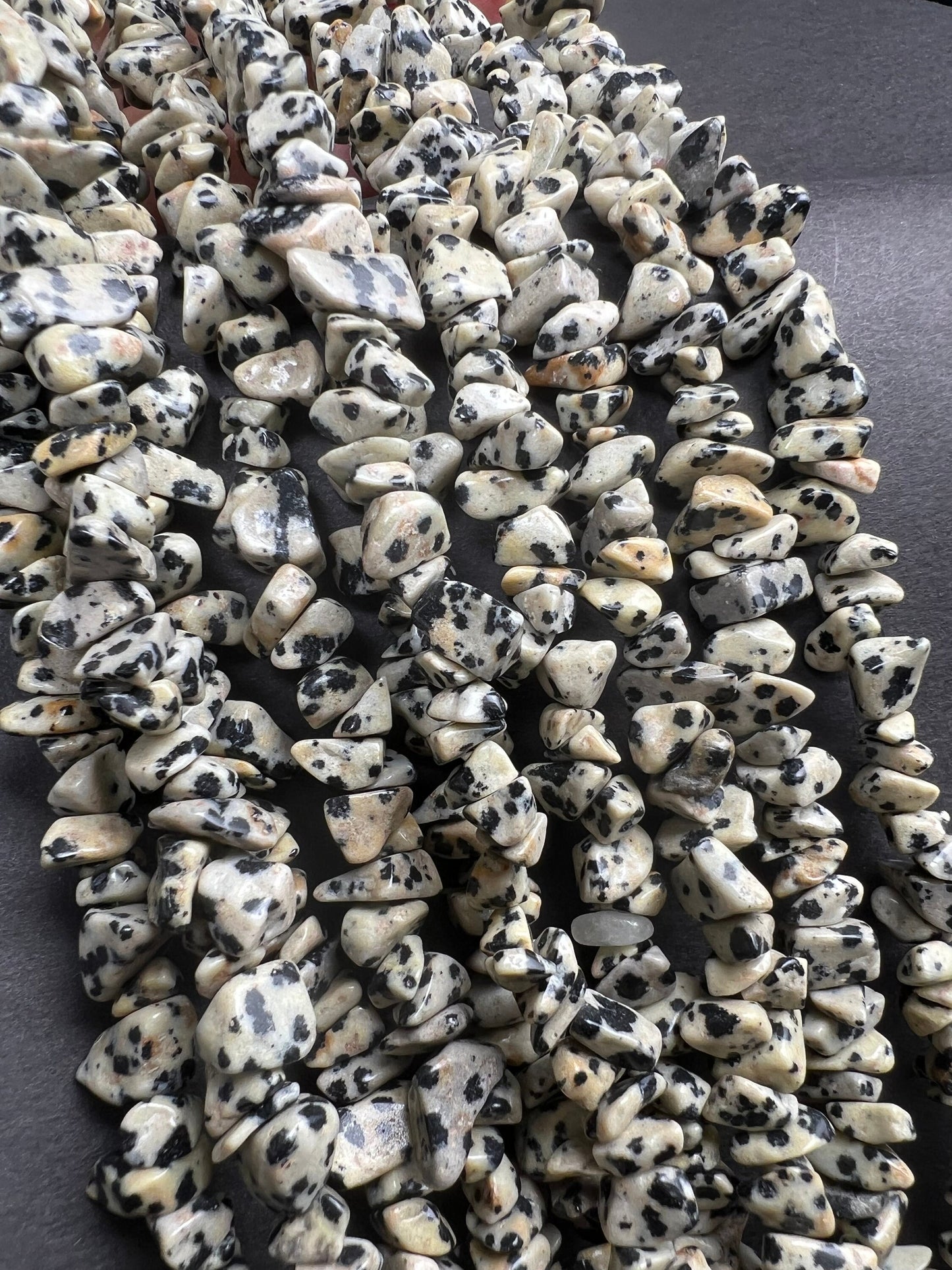 Dalmatian jasper raw freedom smooth nugget chip 4-8mm bead. 15” strand natural gemstone