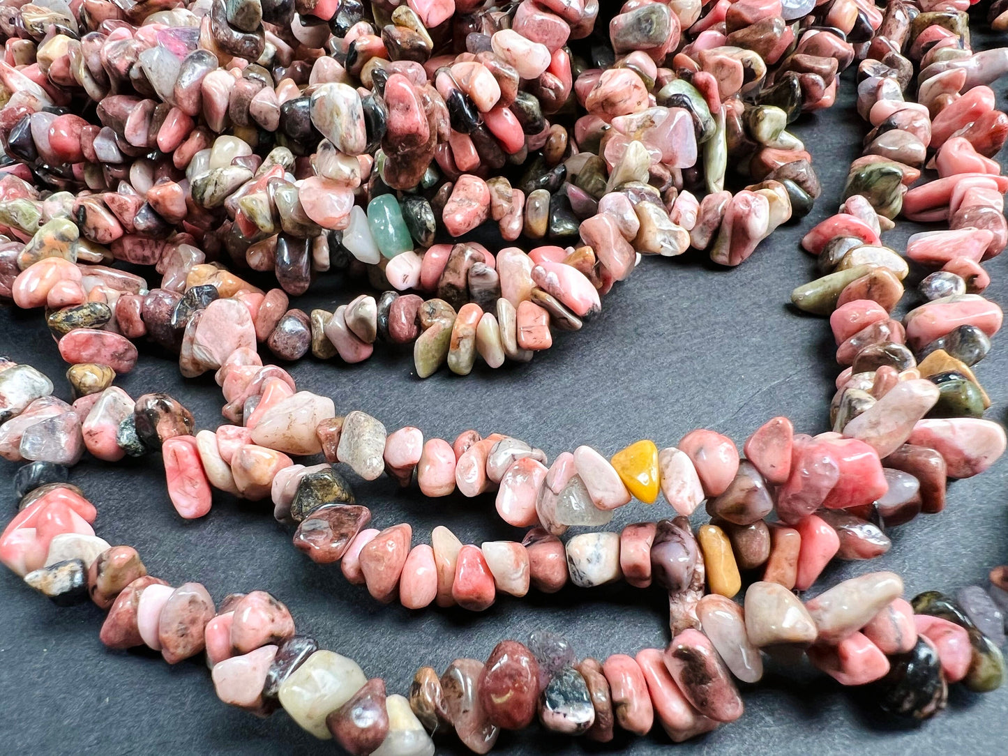 Rhodonite raw freedom nugget chip 4-8mm bead. 15” strand natural gemstone