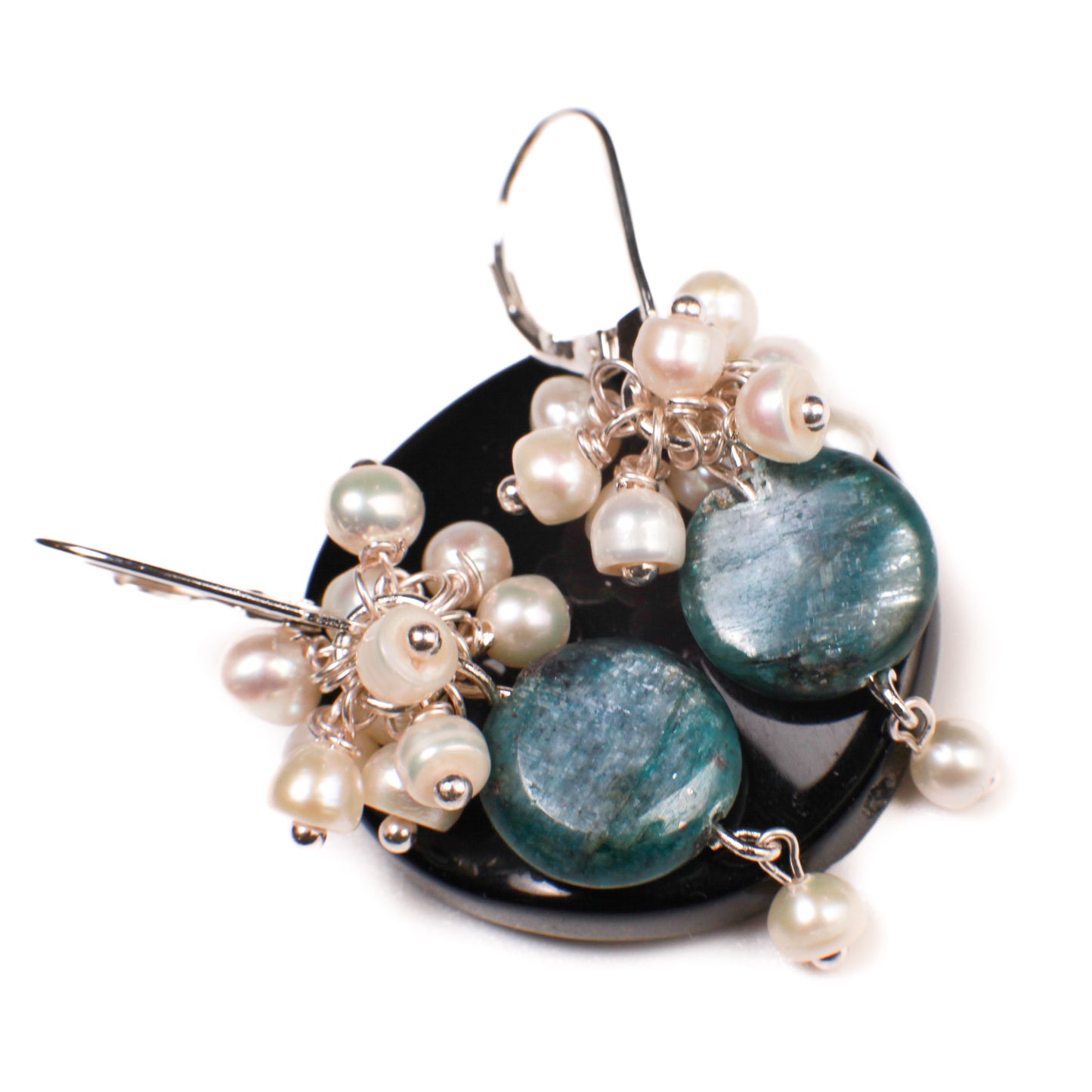 Natural Kyanite Coin Shape Dangling with Natural Fresh Water Pearl Clusters in 925 Sterling Silver Leverback Earring.