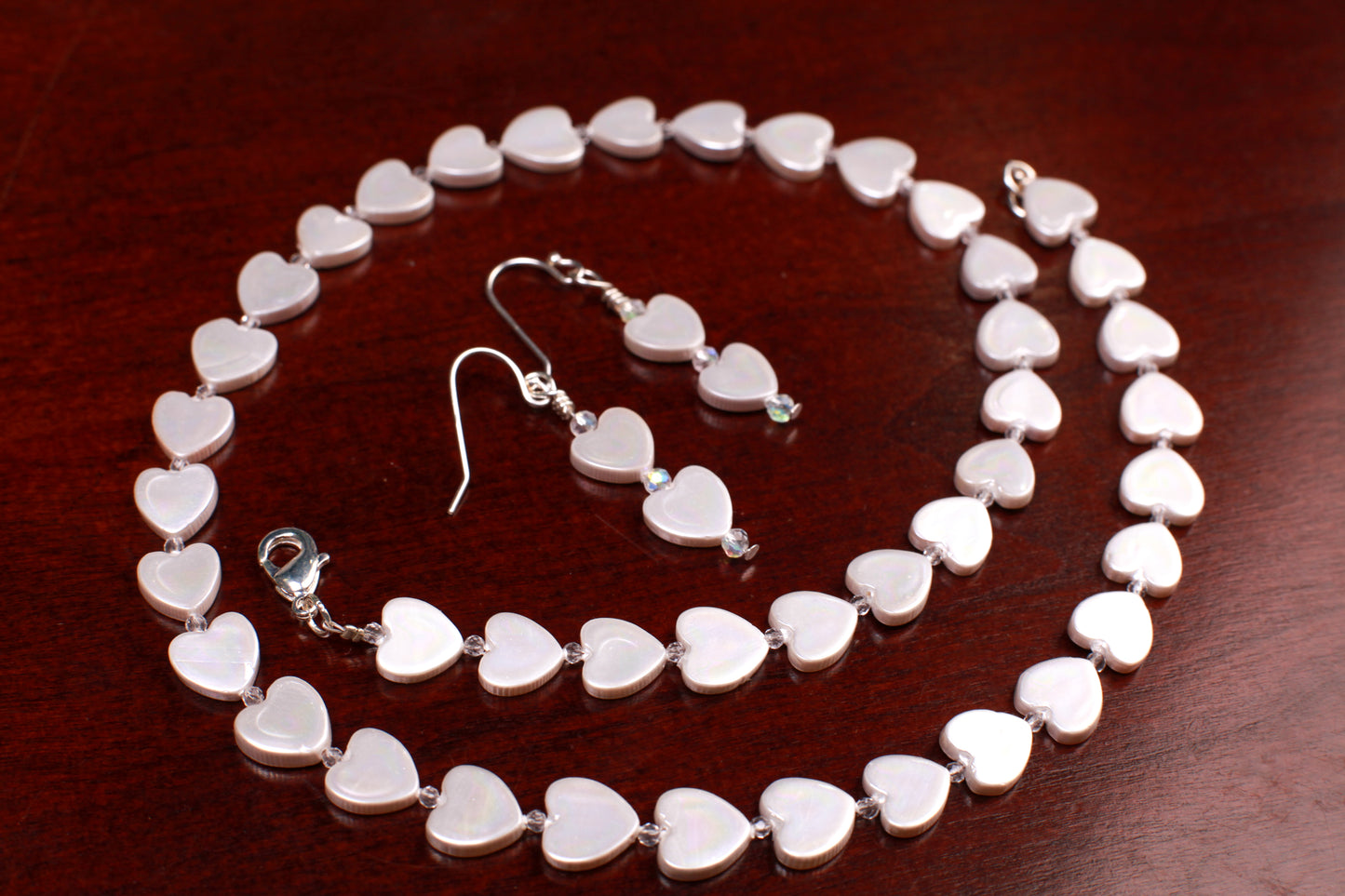 Genuine Freshwater Heart Shape Mother of Pearl with clear CZ spacer 925 Sterling Silver clasp and hook earrings set