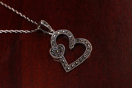 Vintage Marcasite 925 Sterling Silver Double Heart shape 22x20mm pendant with Rhodium Sterling Silver chain Vintage antique gift 925 stamped