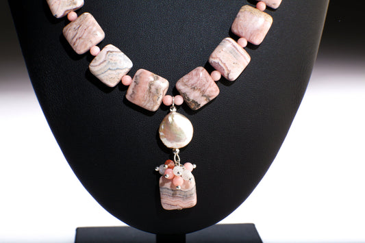 Argentina Rhodochrosite Square Pillow Shape Necklace, Earrings Set, Freshwater Coin Pearl accents with Moonstone, Coral & Carnelian Clusters