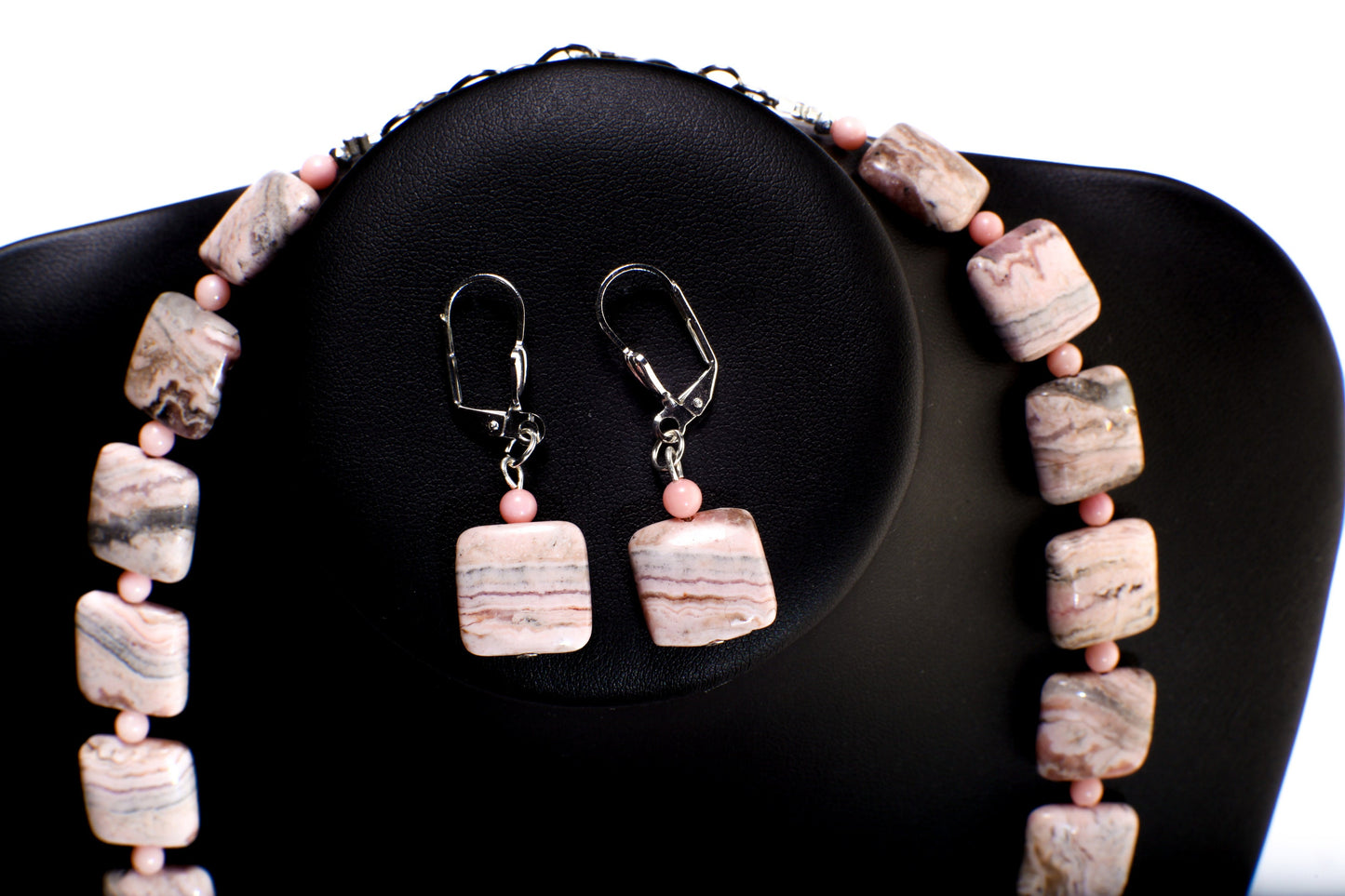 Argentina Rhodochrosite Square Pillow Shape Necklace, Earrings Set, Freshwater Coin Pearl accents with Moonstone, Coral & Carnelian Clusters