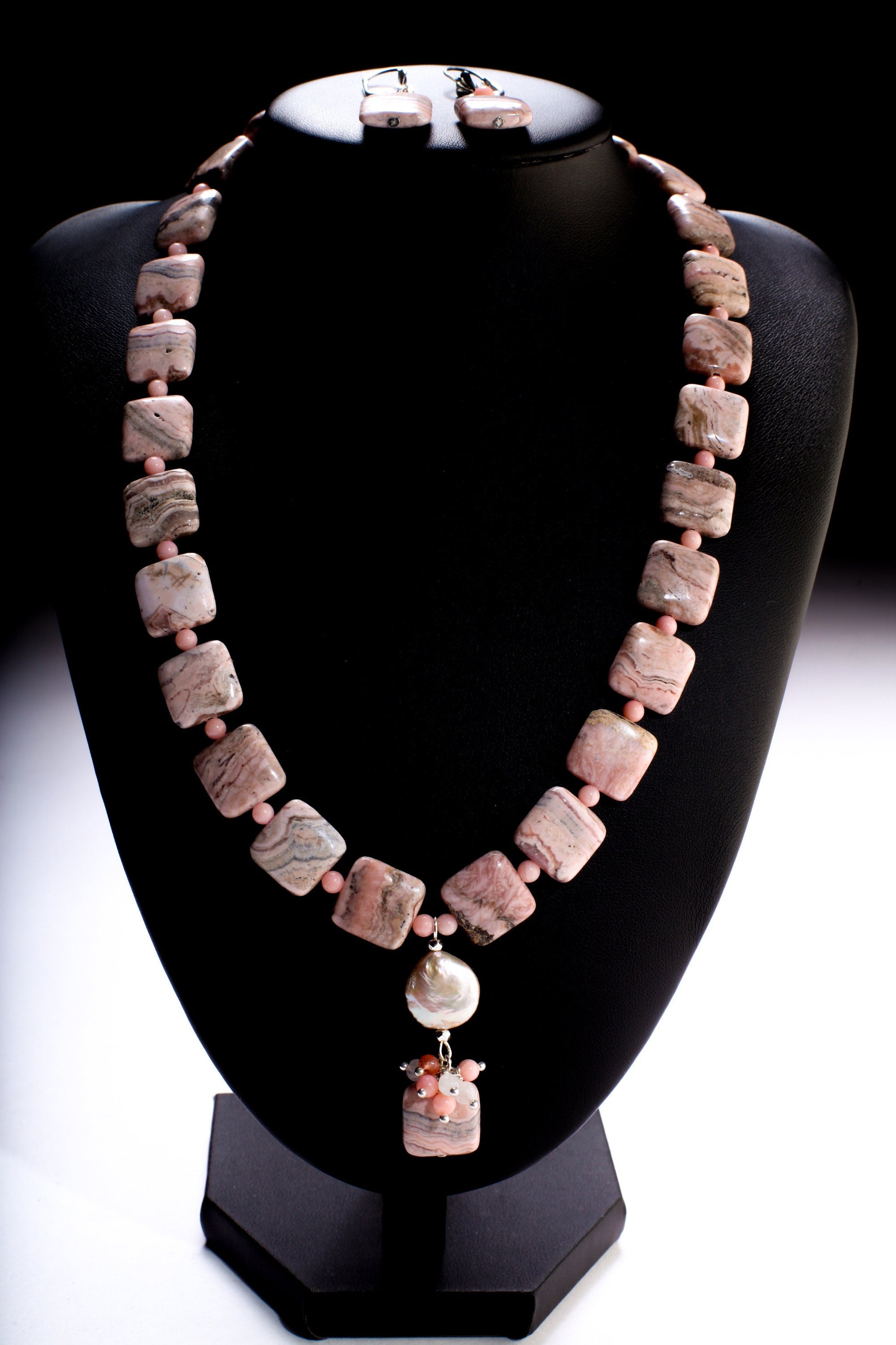 Argentina Rhodochrosite Square Pillow Shape Necklace, Earrings Set, Freshwater Coin Pearl accents with Moonstone, Coral & Carnelian Clusters
