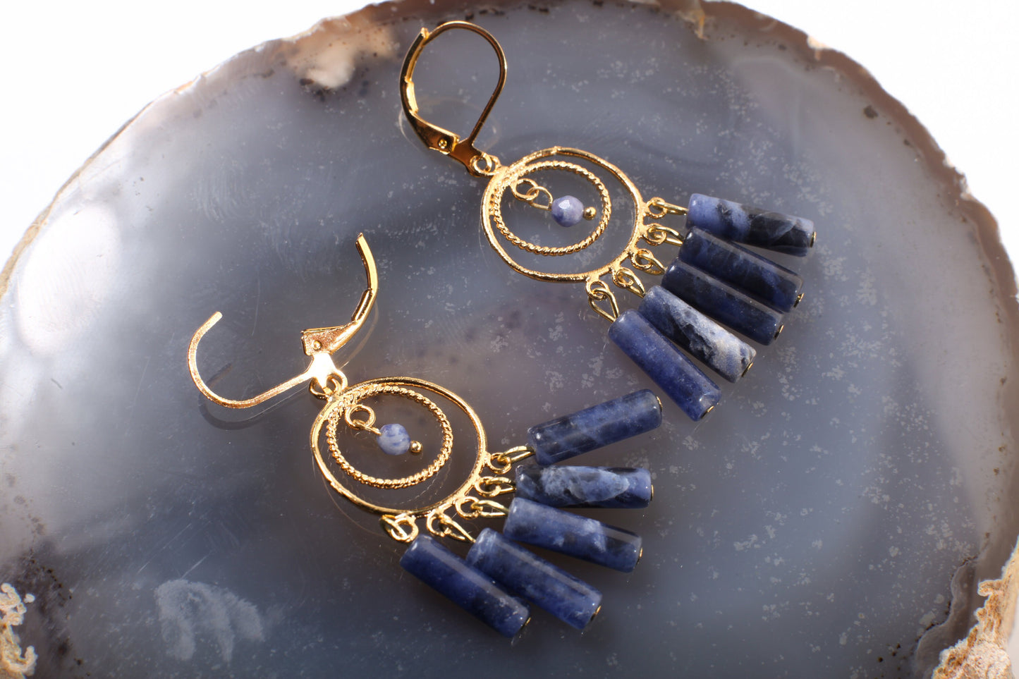 Genuine Sodalite Dangling Tube Gold Plated Chandelier Earrings, Bridesmaids, Boho, Handmade Gemstone, Leverback Earwire, Gift for Her