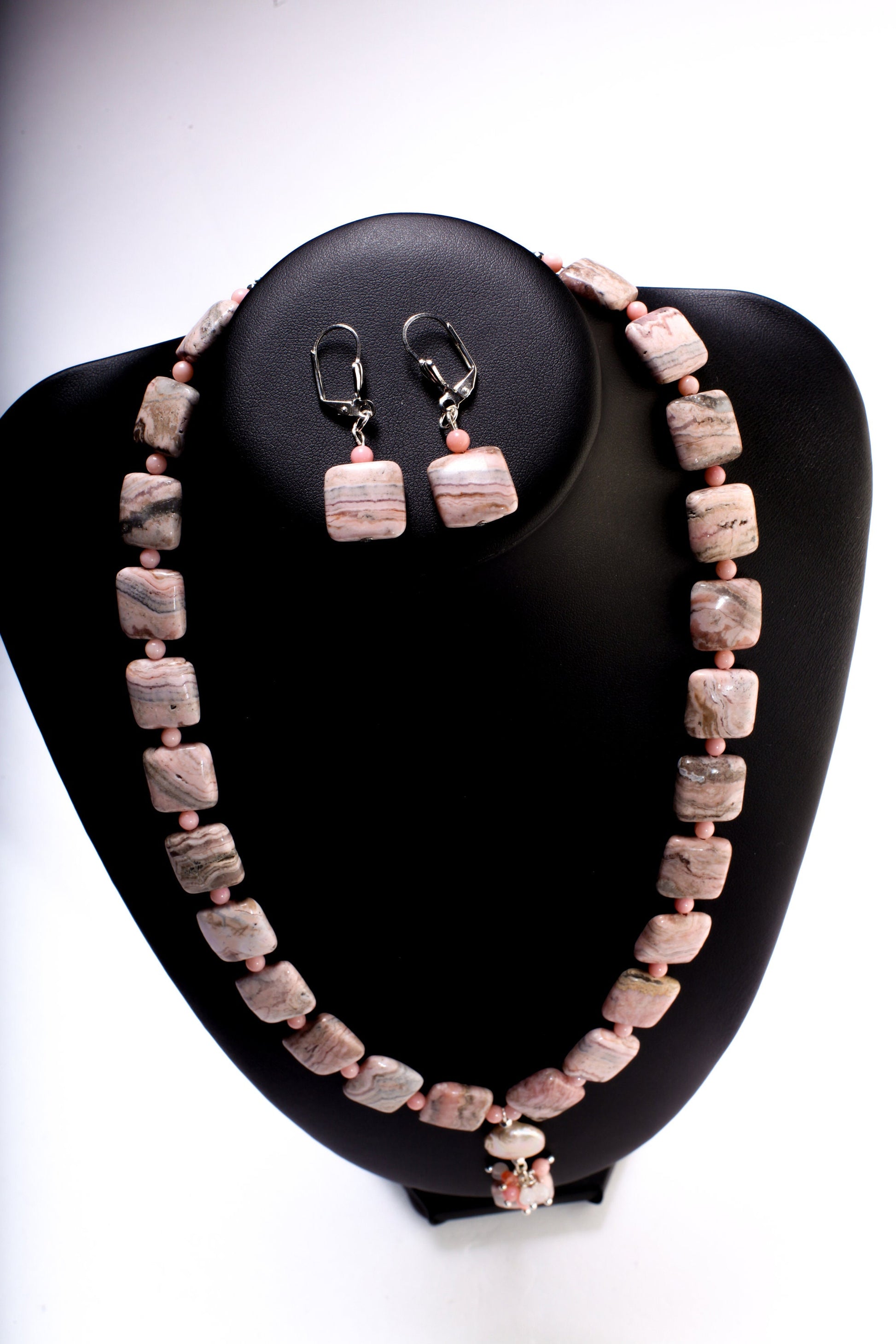 Argentina Rhodochrosite Square Pillow Shape Necklace, Earrings Set, Freshwater Coin Pearl accents with Moonstone, Coral & Carnelian Clusters