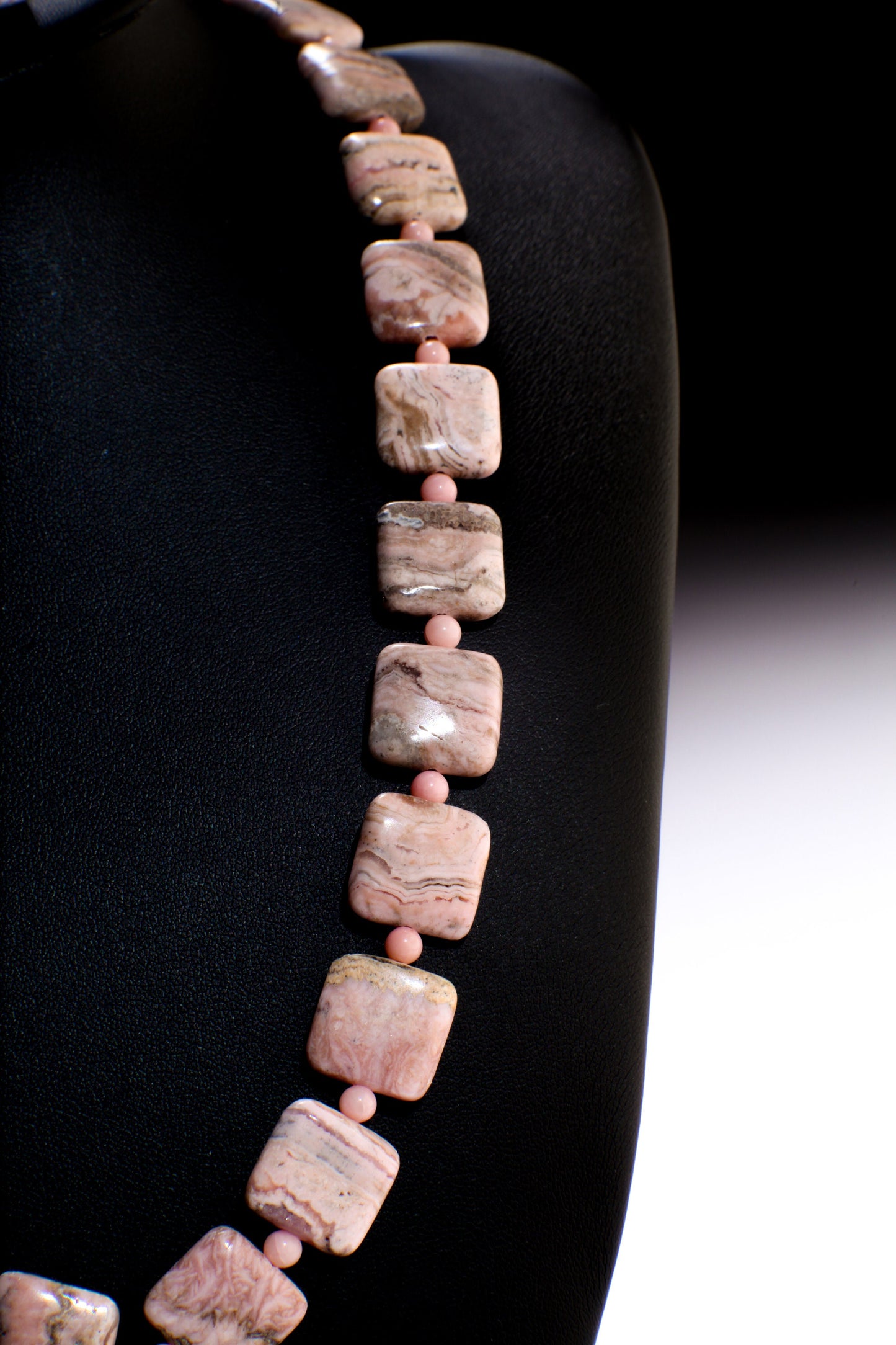 Argentina Rhodochrosite Square Pillow Shape Necklace, Earrings Set, Freshwater Coin Pearl accents with Moonstone, Coral & Carnelian Clusters