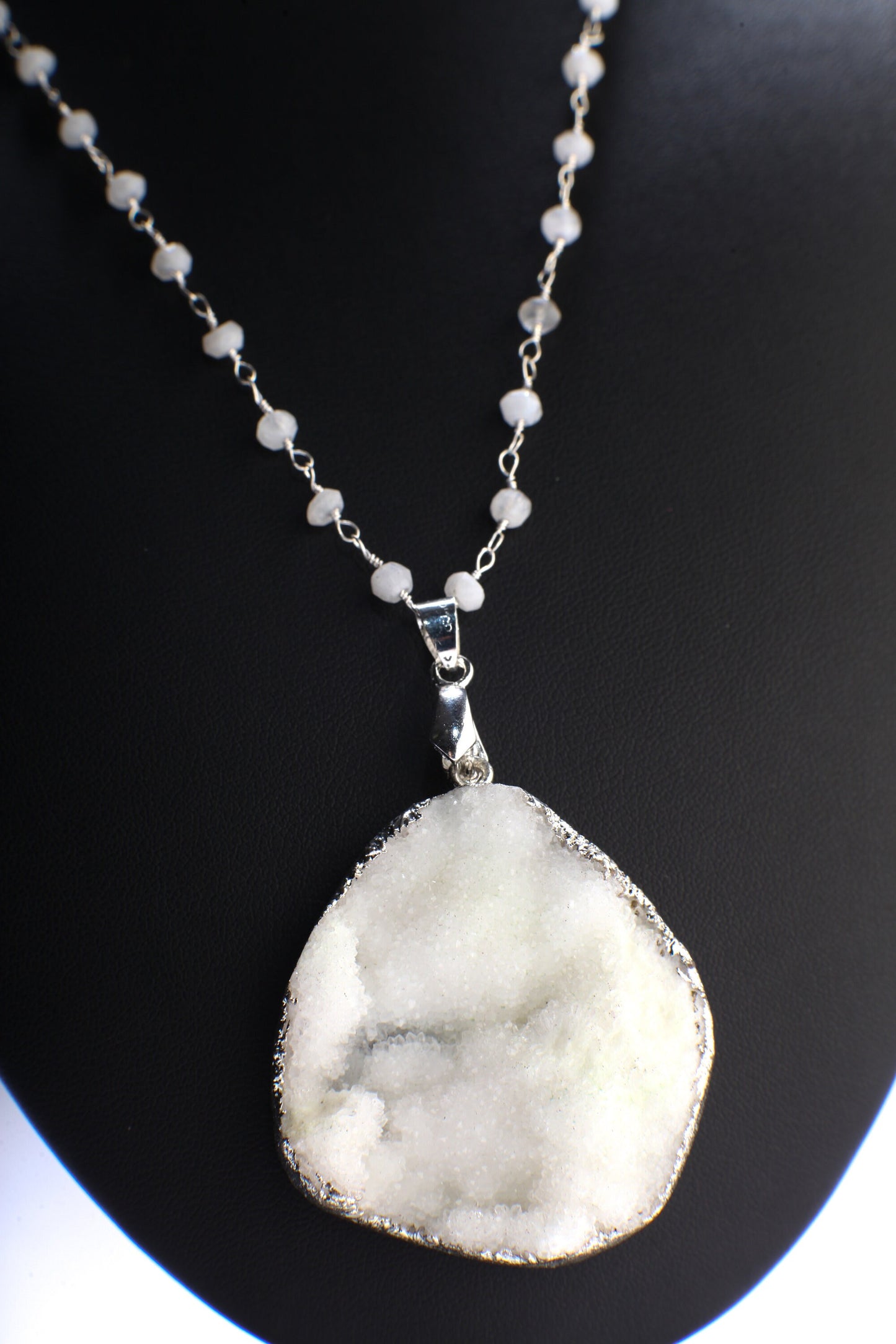 White Druzy Agate Geode Pendant Necklace, Earrings Set, Sparkling Druzy Earrings, Pendant Moonstone Rosary Chain in Sterling Silver Clasp