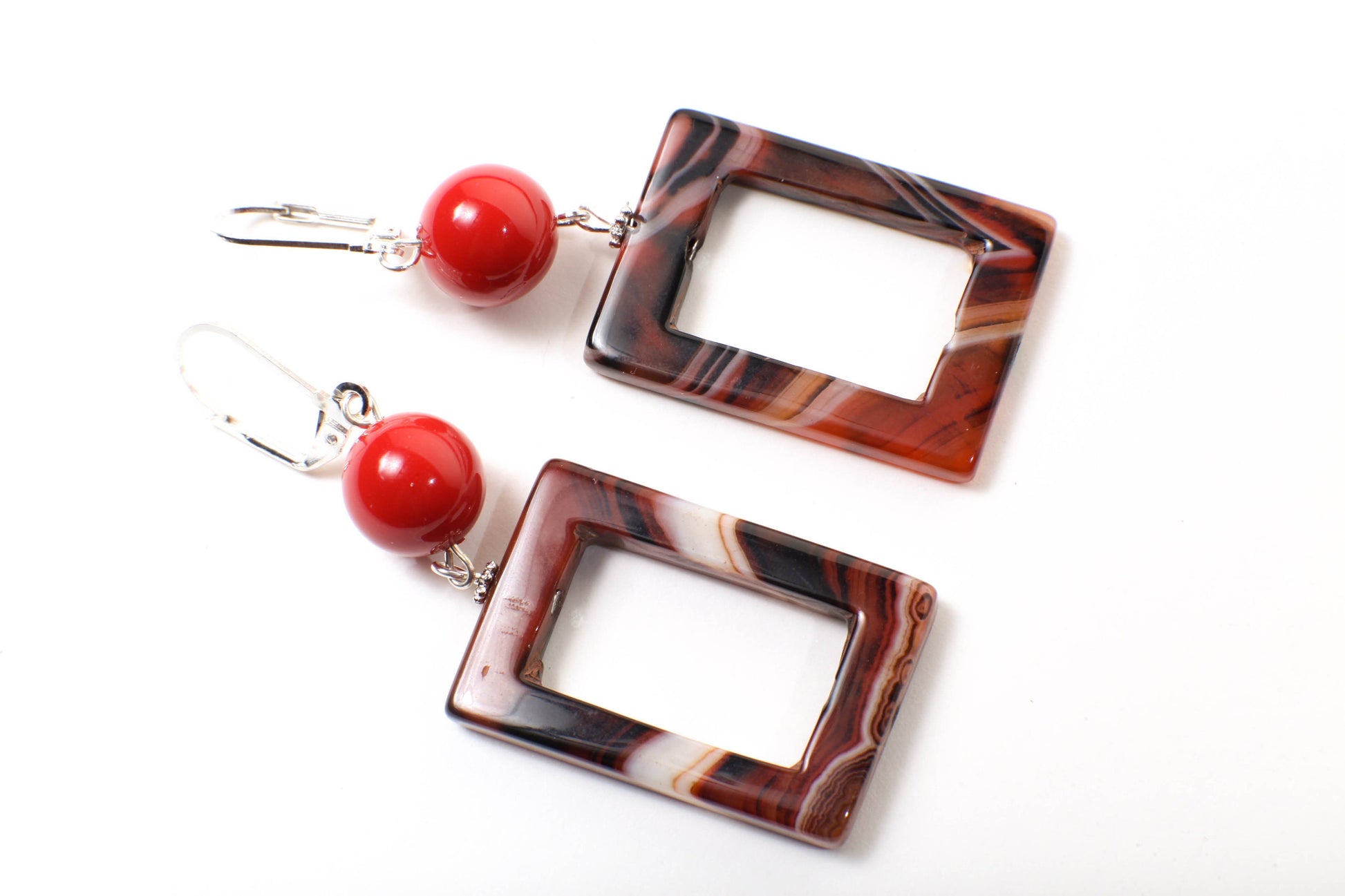 Carnelian Stripe Agate Rectangle Loop with Red Seashell Round Spacers Dangling Earrings in Silver Leverback Ear Wire,Soothing,Handmade Gift