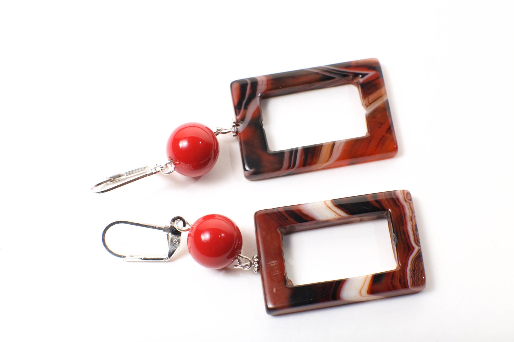 Carnelian Stripe Agate Rectangle Loop with Red Seashell Round Spacers Dangling Earrings in Silver Leverback Ear Wire,Soothing,Handmade Gift