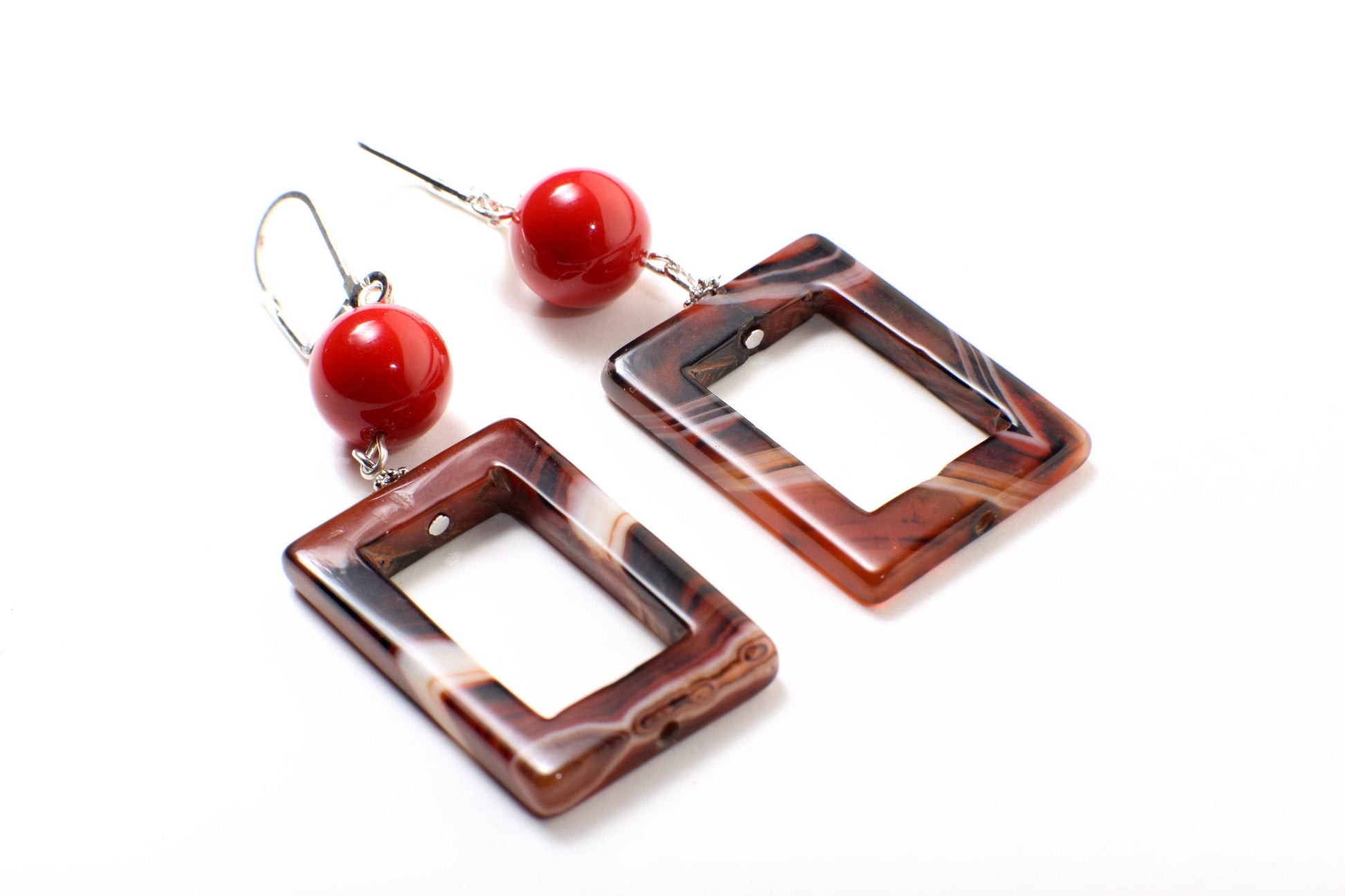 Carnelian Stripe Agate Rectangle Loop with Red Seashell Round Spacers Dangling Earrings in Silver Leverback Ear Wire,Soothing,Handmade Gift