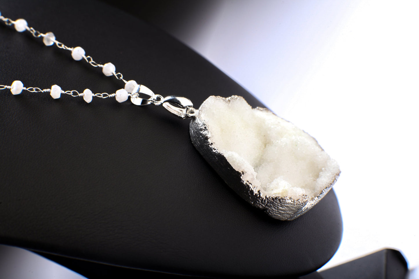 White Druzy Agate Geode Pendant Necklace, Earrings Set, Sparkling Druzy Earrings, Pendant Moonstone Rosary Chain in Sterling Silver Clasp