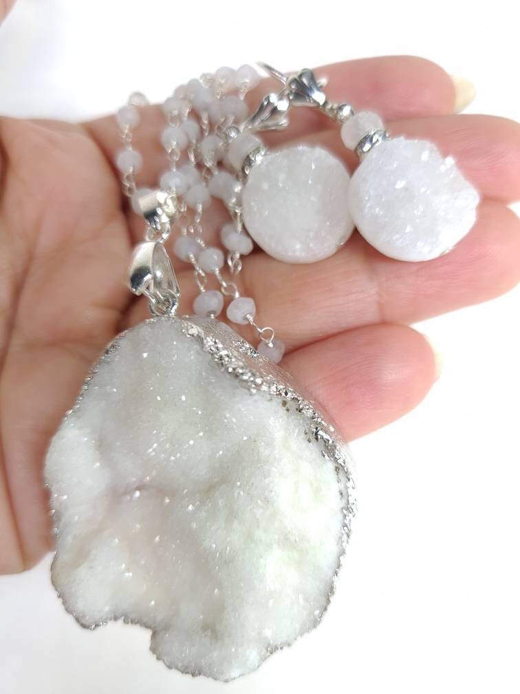 White Druzy Agate Geode Pendant Necklace, Earrings Set, Sparkling Druzy Earrings, Pendant Moonstone Rosary Chain in Sterling Silver Clasp