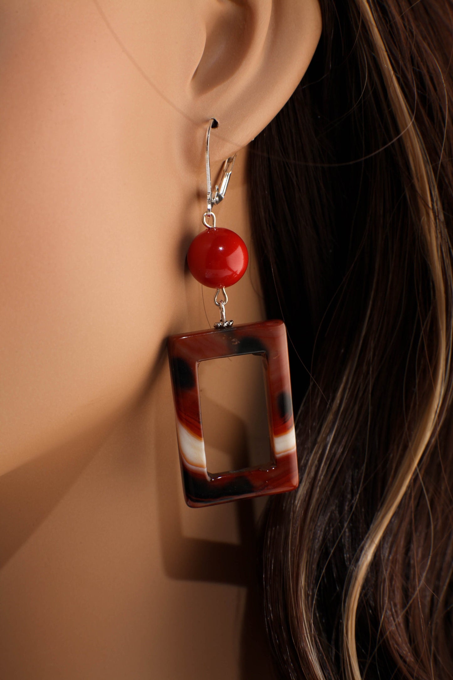 Carnelian Stripe Agate Rectangle Loop with Red Seashell Round Spacers Dangling Earrings in Silver Leverback Ear Wire,Soothing,Handmade Gift