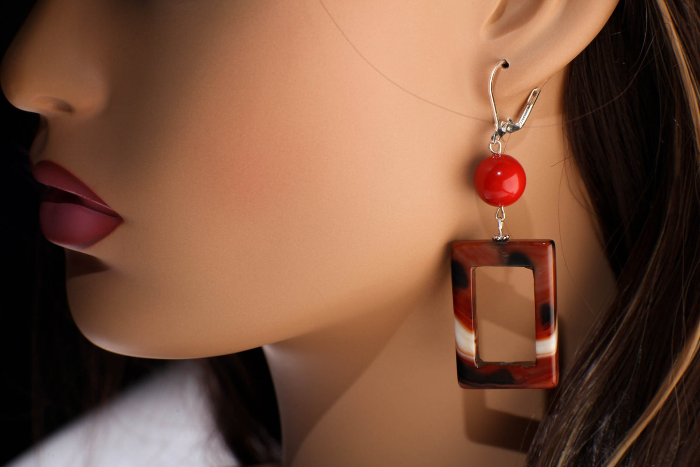 Carnelian Stripe Agate Rectangle Loop with Red Seashell Round Spacers Dangling Earrings in Silver Leverback Ear Wire,Soothing,Handmade Gift