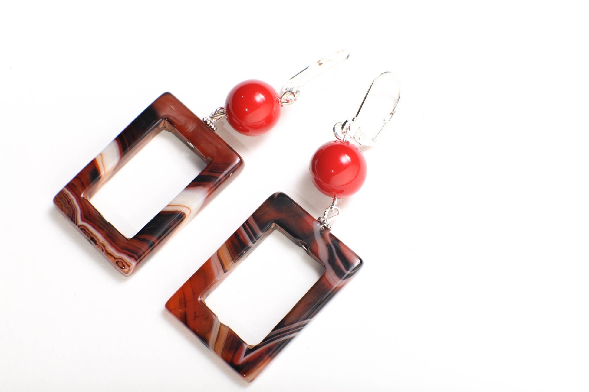 Carnelian Stripe Agate Rectangle Loop with Red Seashell Round Spacers Dangling Earrings in Silver Leverback Ear Wire,Soothing,Handmade Gift