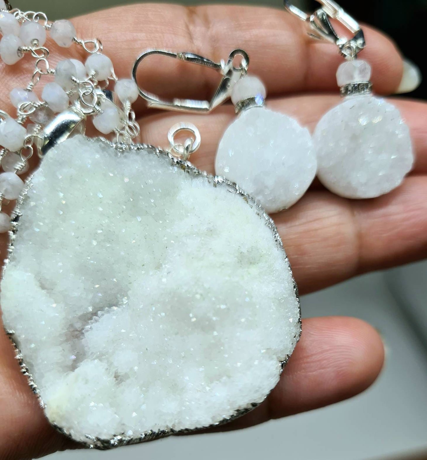 White Druzy Agate Geode Pendant Necklace, Earrings Set, Sparkling Druzy Earrings, Pendant Moonstone Rosary Chain in Sterling Silver Clasp