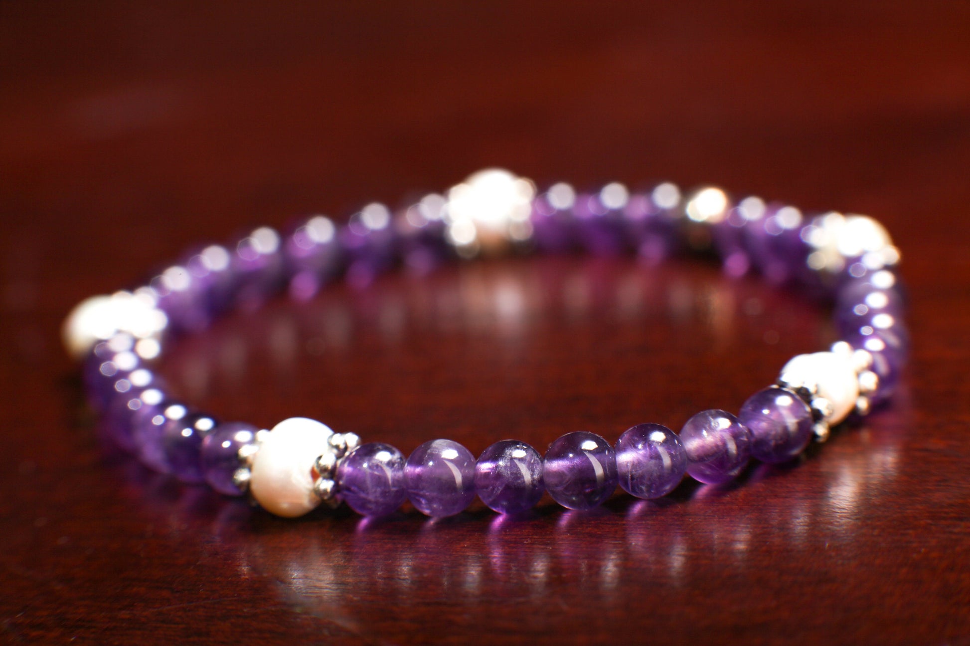 Natural Amethyst Round 4mm with Freshwater Pearl Rondelle Gemstone Bracelet, Healing Crystal, Yoga, Energy, Stretchy, Soothing Bracelet Gift