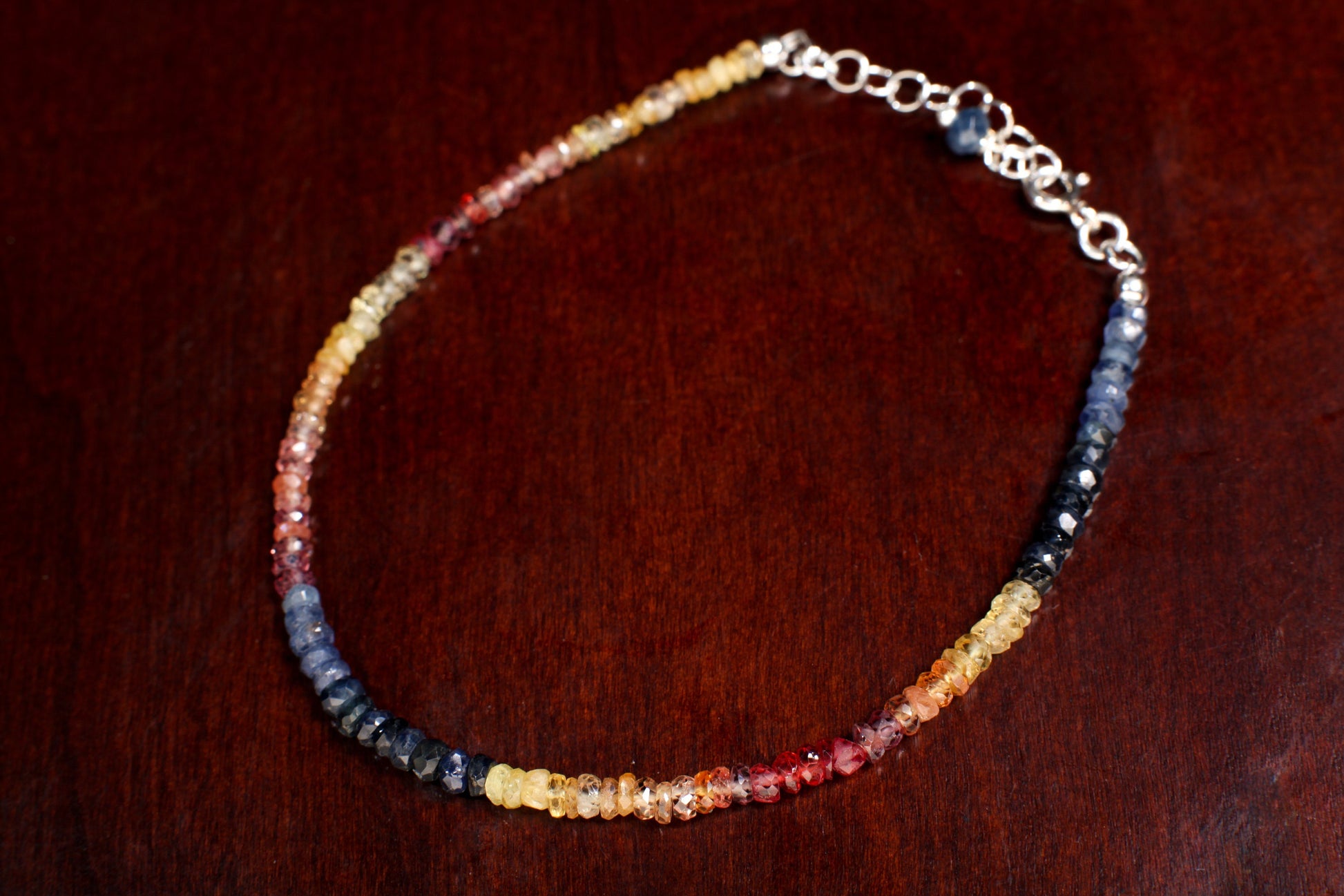 Natural Multi Sunset Sapphire Faceted 3mm Rondelle Gemstone Bracelet in 925 Sterling Silver or 14K Gold Filled Chain and Clasp, Gift for her