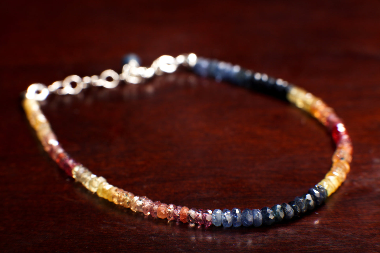 Natural Multi Sunset Sapphire Faceted 3mm Rondelle Gemstone Bracelet in 925 Sterling Silver or 14K Gold Filled Chain and Clasp, Gift for her