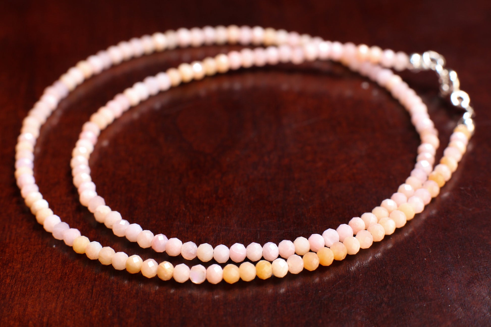 925 Sterling Silver Peruvian Pink Opal Faceted 2.5mm Round Gemstone Choker Silver Necklace in Chain and Clasp, Gift for her