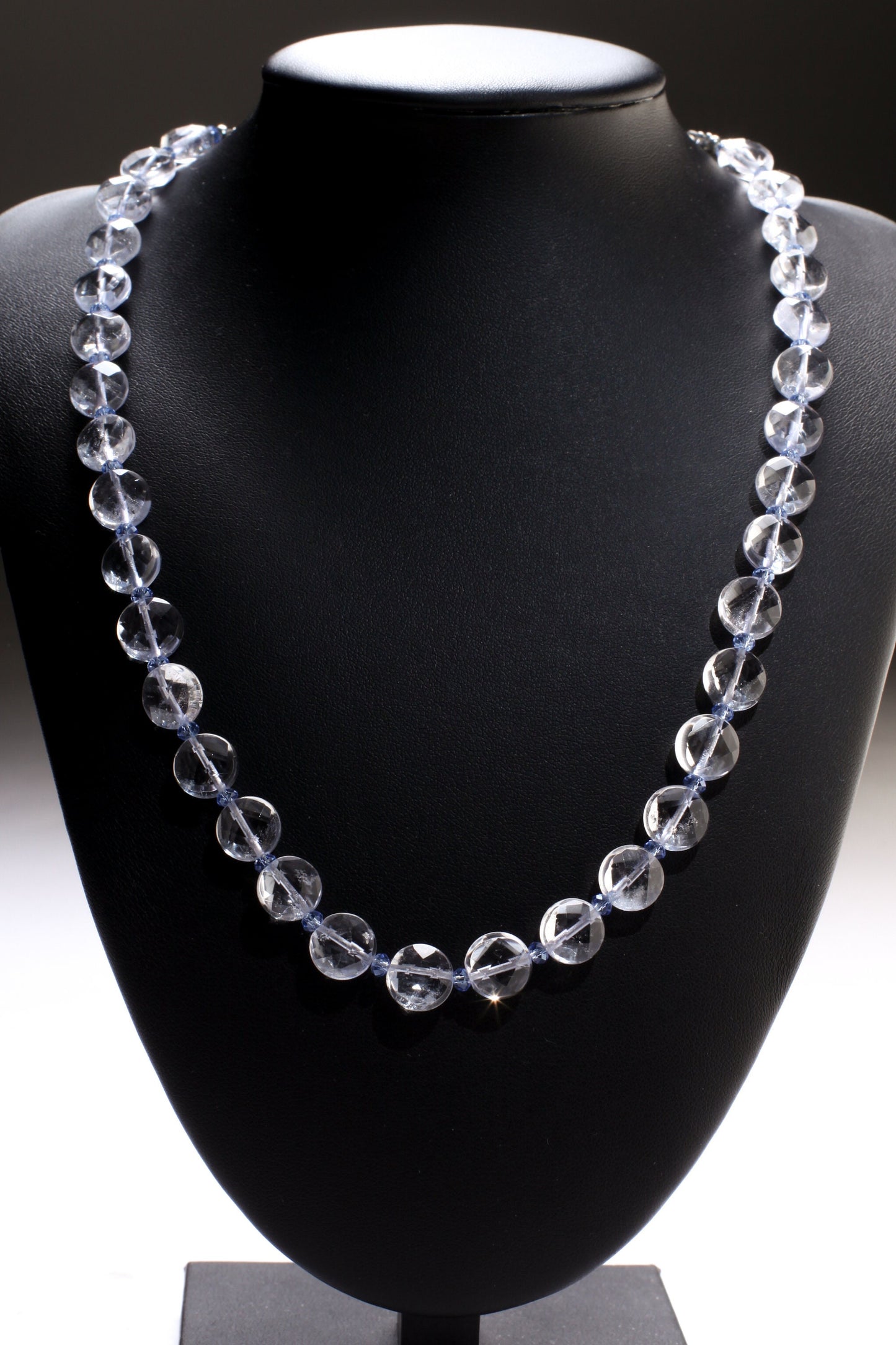 Aquamarine Quartz Faceted 10mm Coin Shape Accented with Crystal Spacers Beads 17.5" Necklace with 3" Extension Chain