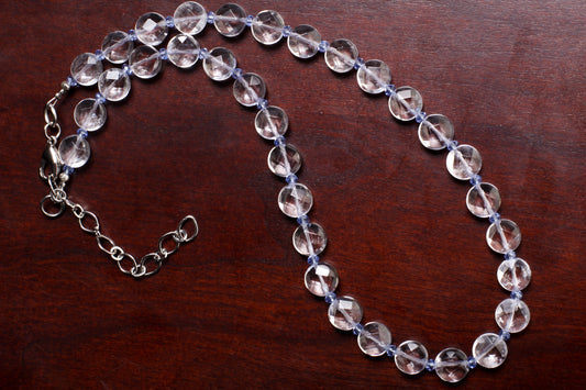 Aquamarine Quartz Faceted 10mm Coin Shape Accented with Crystal Spacers Beads 17.5" Necklace with 3" Extension Chain