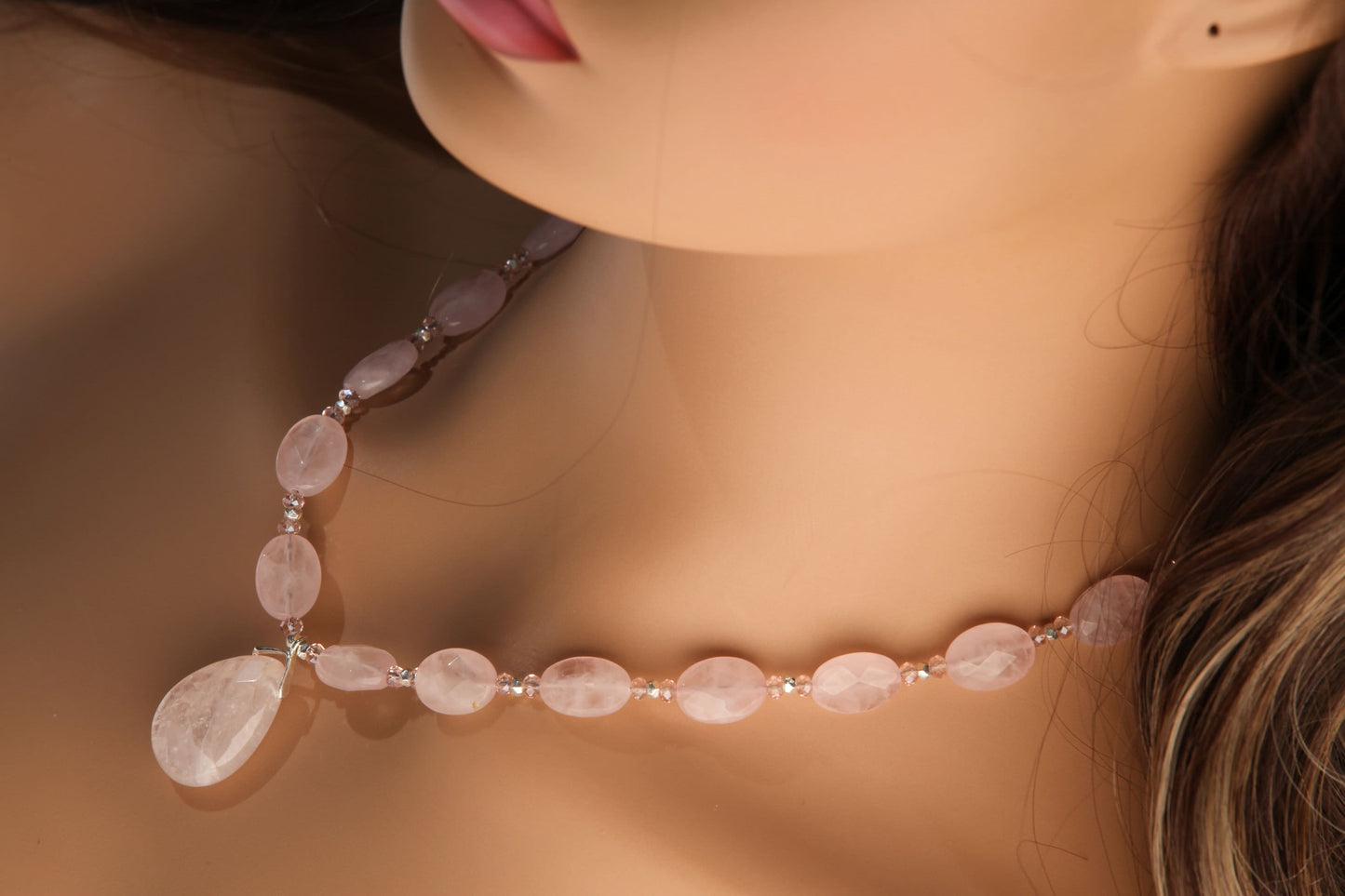 Madagascar Rose Quartz 10x14mm Faceted Oval with 18x25mm Faceted Teardrop Centerpiece Pendant 16" Necklace with 3" Extension Chain