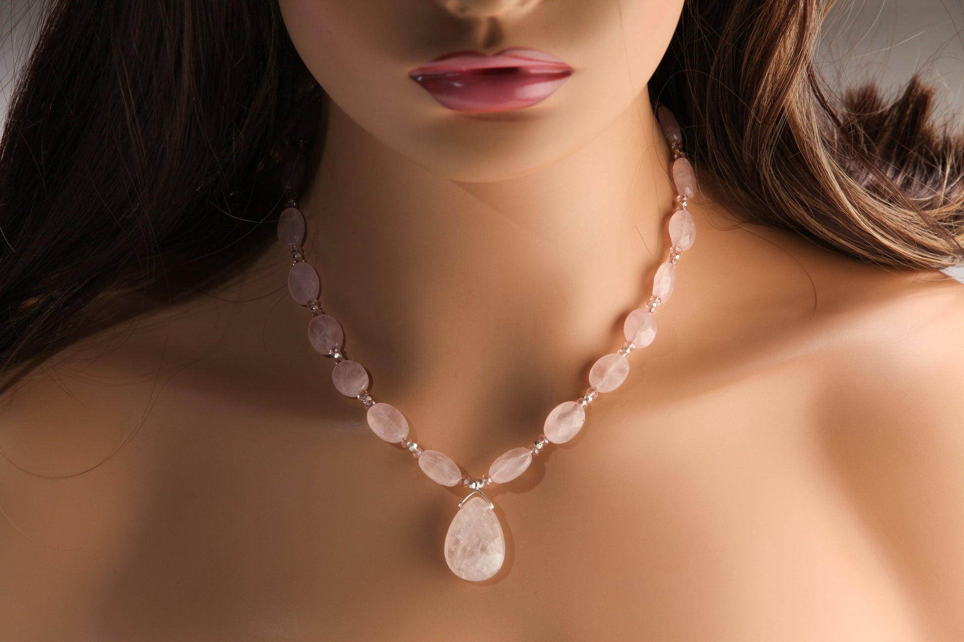 Madagascar Rose Quartz 10x14mm Faceted Oval with 18x25mm Faceted Teardrop Centerpiece Pendant 16" Necklace with 3" Extension Chain