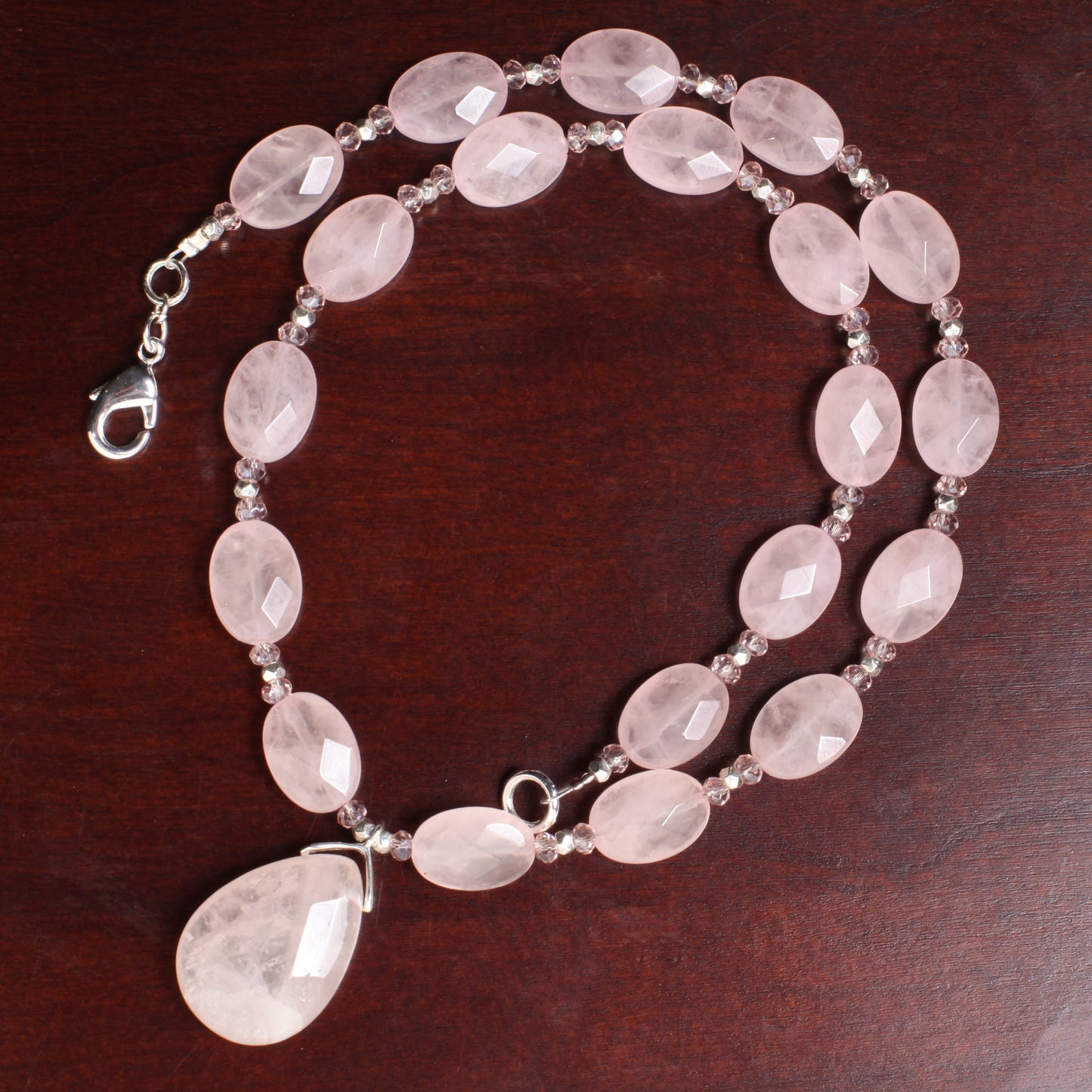 Madagascar Rose Quartz 10x14mm Faceted Oval with 18x25mm Faceted Teardrop Centerpiece Pendant 16" Necklace with 3" Extension Chain