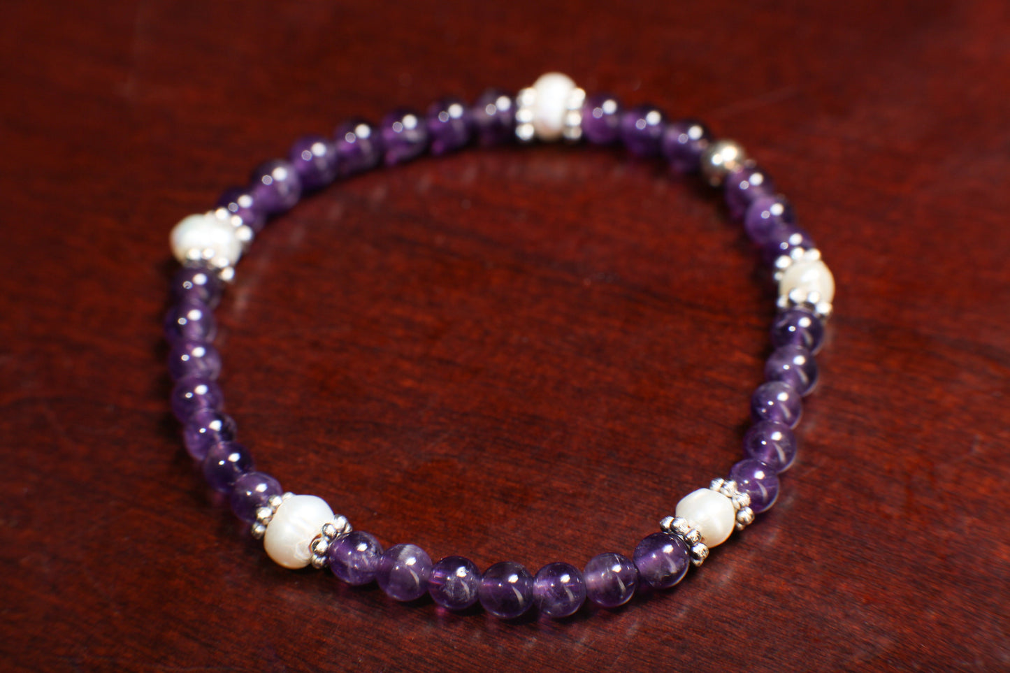 Natural Amethyst Round 4mm with Freshwater Pearl Rondelle Gemstone Bracelet, Healing Crystal, Yoga, Energy, Stretchy, Soothing Bracelet Gift