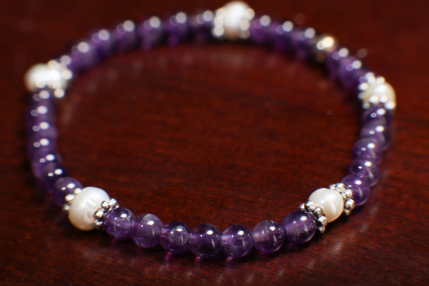 Natural Amethyst Round 4mm with Freshwater Pearl Rondelle Gemstone Bracelet, Healing Crystal, Yoga, Energy, Stretchy, Soothing Bracelet Gift