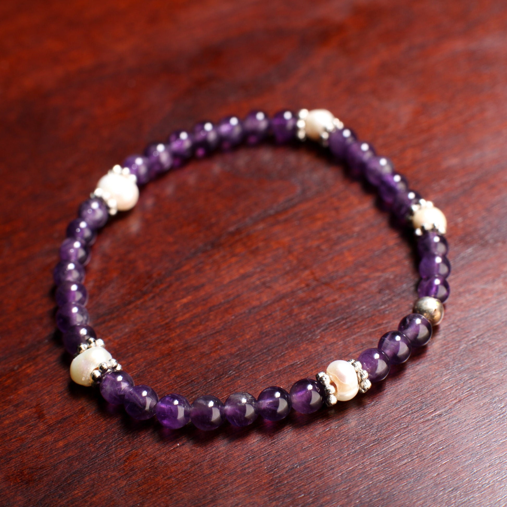 Natural Amethyst Round 4mm with Freshwater Pearl Rondelle Gemstone Bracelet, Healing Crystal, Yoga, Energy, Stretchy, Soothing Bracelet Gift