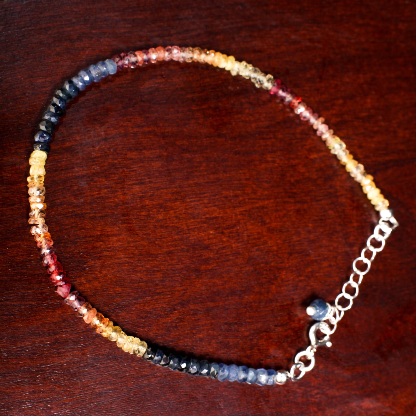 Natural Multi Sunset Sapphire Faceted 3mm Rondelle Gemstone Bracelet in 925 Sterling Silver or 14K Gold Filled Chain and Clasp, Gift for her