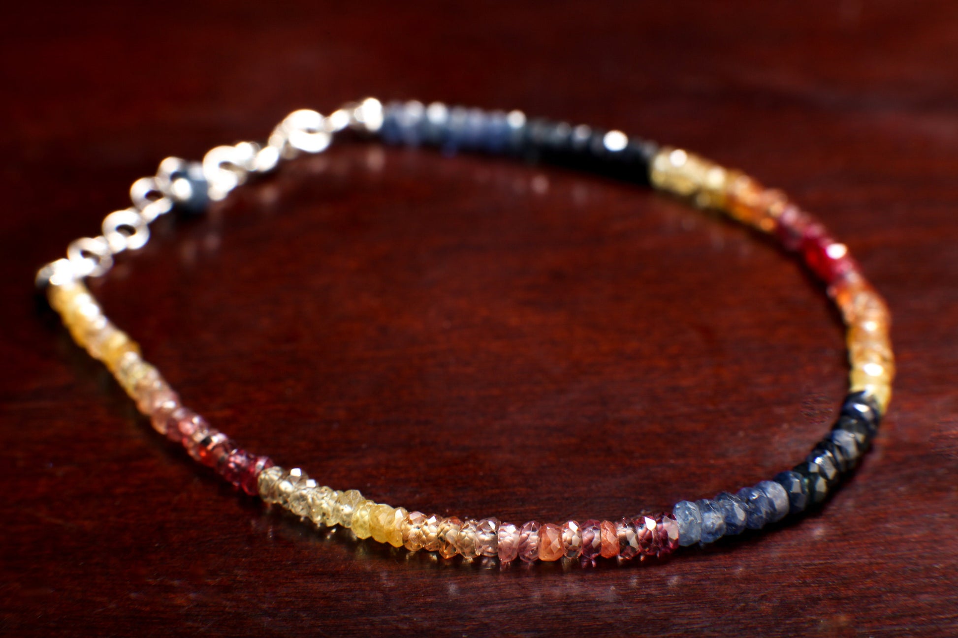 Natural Multi Sunset Sapphire Faceted 3mm Rondelle Gemstone Bracelet in 925 Sterling Silver or 14K Gold Filled Chain and Clasp, Gift for her