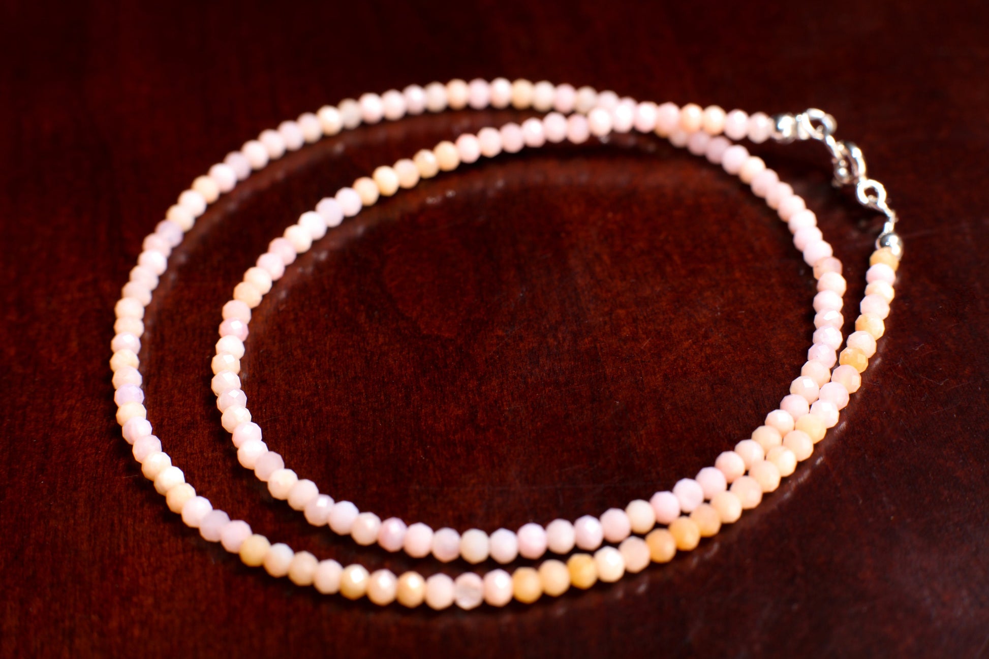 925 Sterling Silver Peruvian Pink Opal Faceted 2.5mm Round Gemstone Choker Silver Necklace in Chain and Clasp, Gift for her