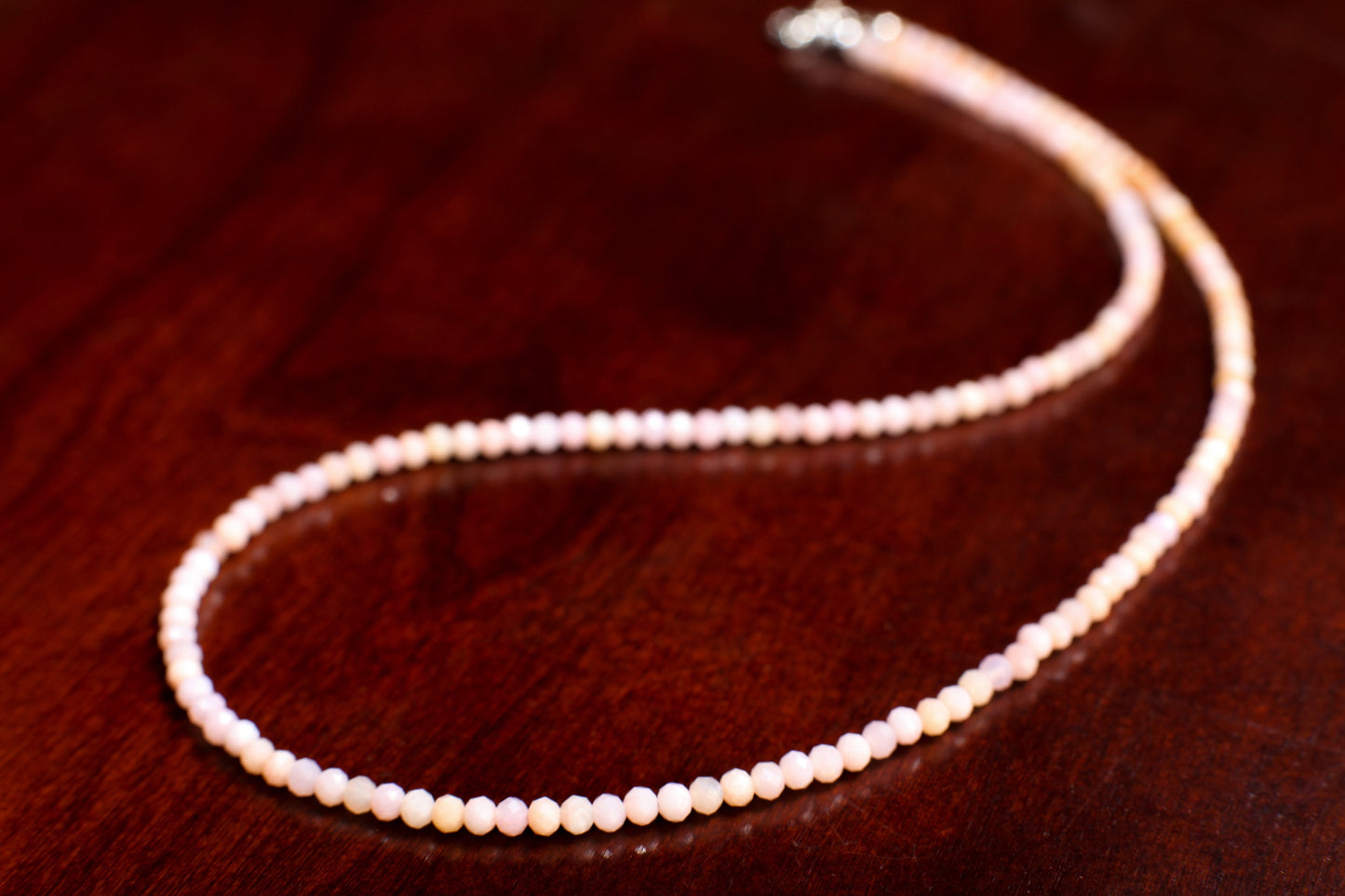 925 Sterling Silver Peruvian Pink Opal Faceted 2.5mm Round Gemstone Choker Silver Necklace in Chain and Clasp, Gift for her