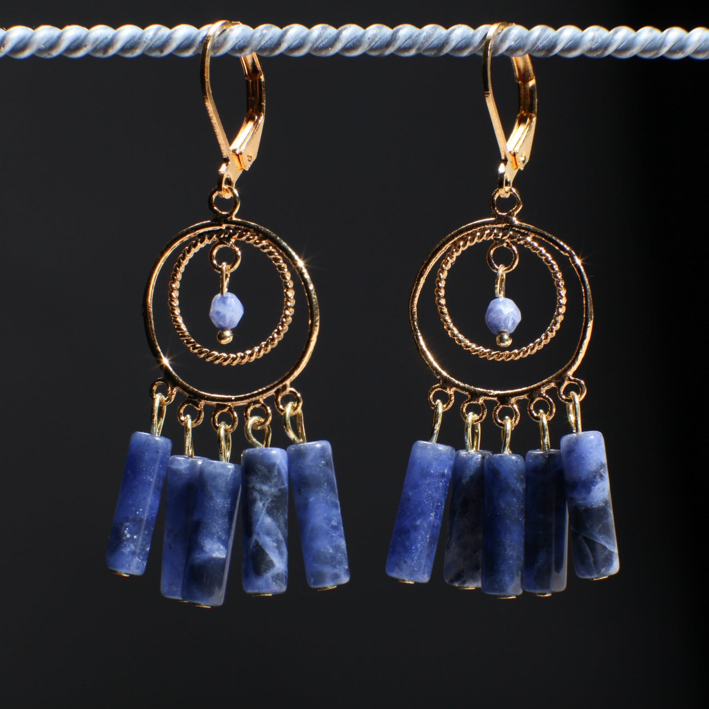 Genuine Sodalite Dangling Tube Gold Plated Chandelier Earrings, Bridesmaids, Boho, Handmade Gemstone, Leverback Earwire, Gift for Her